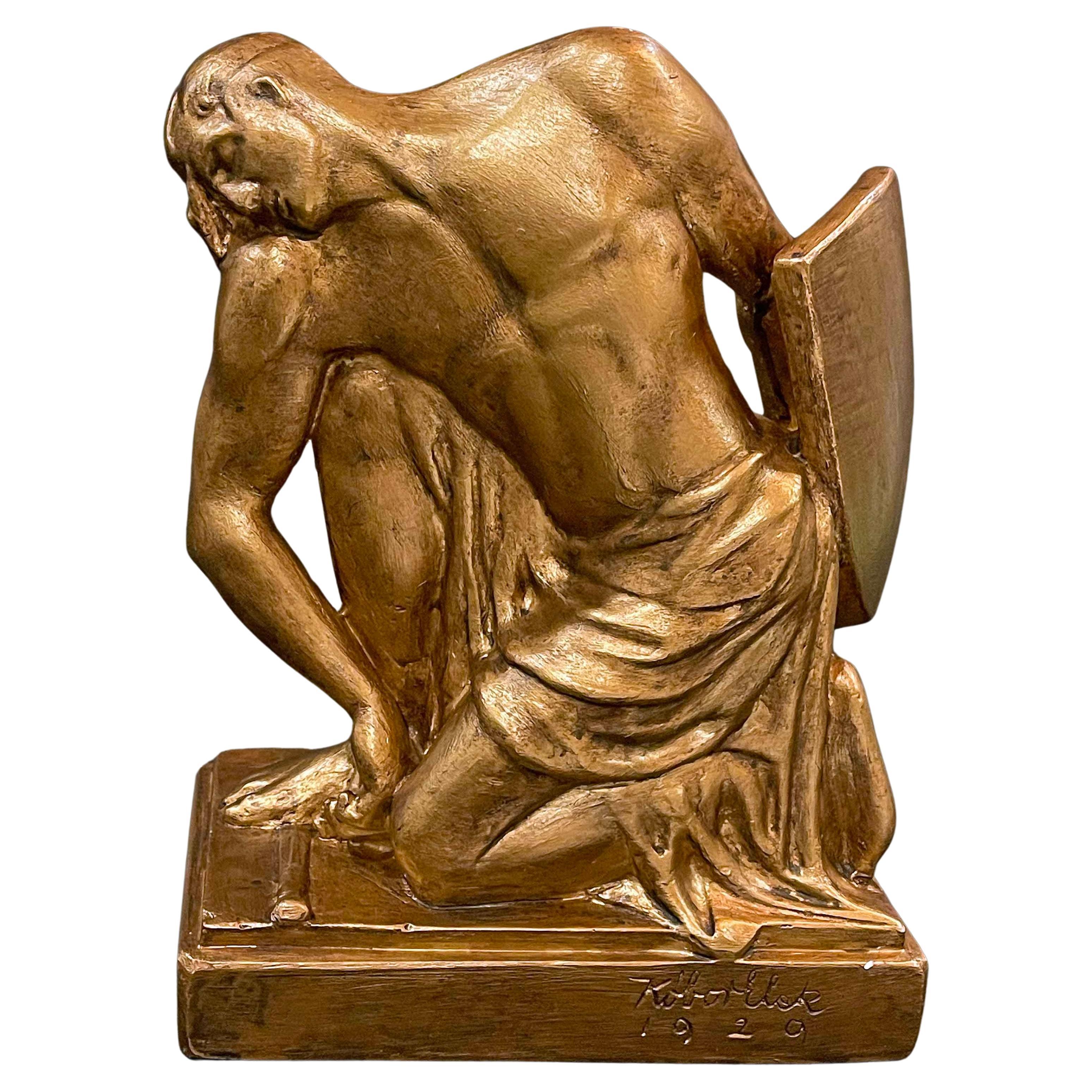 "Fallen Gladiator", Rare Gold-Glazed Art Deco Sculpture by Elek, Hungary For Sale