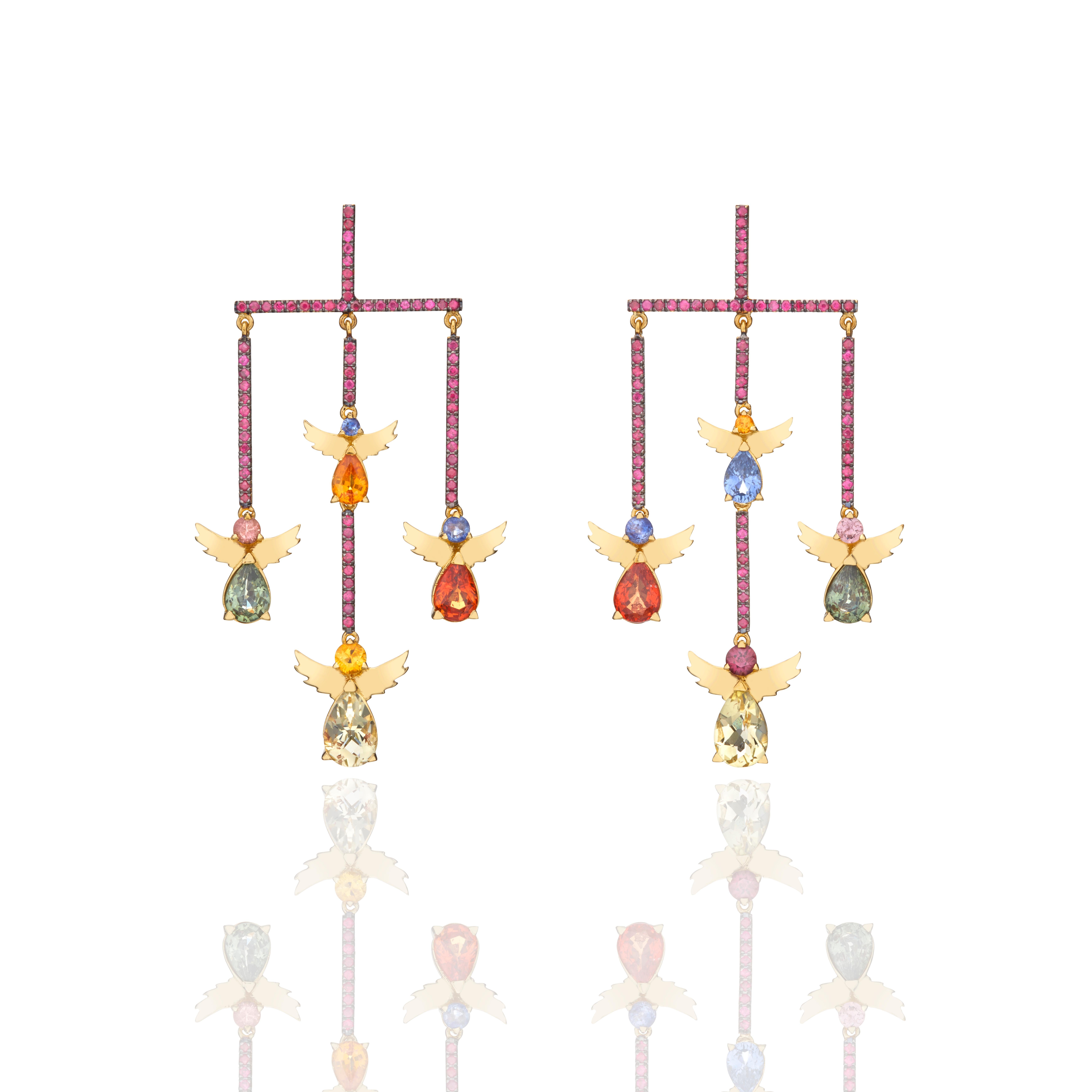 Modern Chandelier 18kt yellow gold earrings set with rubies, lemon citrine and coloured sapphires. 
Another unique design of the Angels Collection.
The Falling Angels earrings come from the brand Nicofilimon, a brand based in Greece. It's lead
