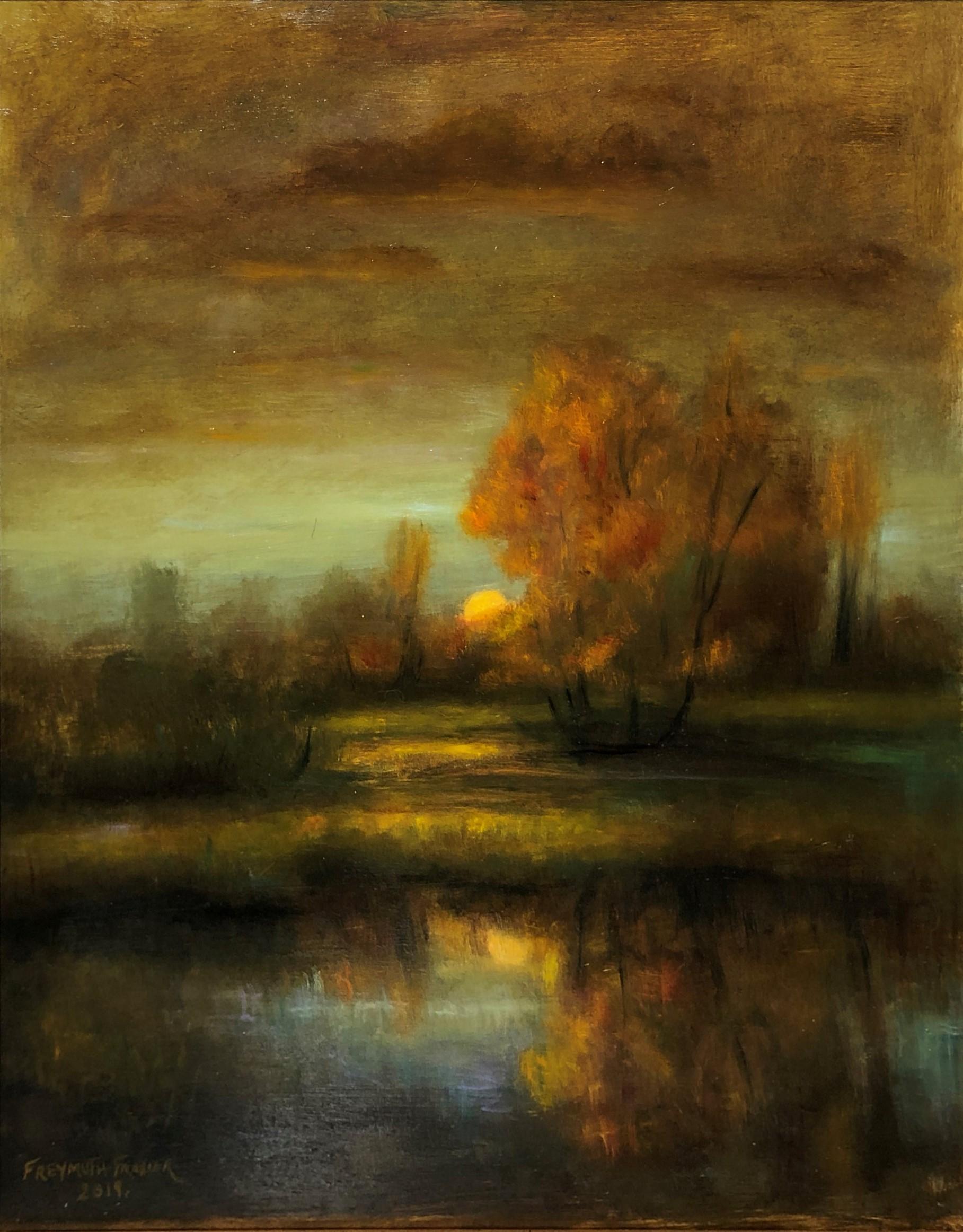 Rich earth tones merge to create this sumptuous landscape by Rose Freymuth Frazier. The setting sun casts dreamy reflections on the pond. The scene is enveloped in soft colors of gold, green and blue to create this romantic landscape. Loose brush