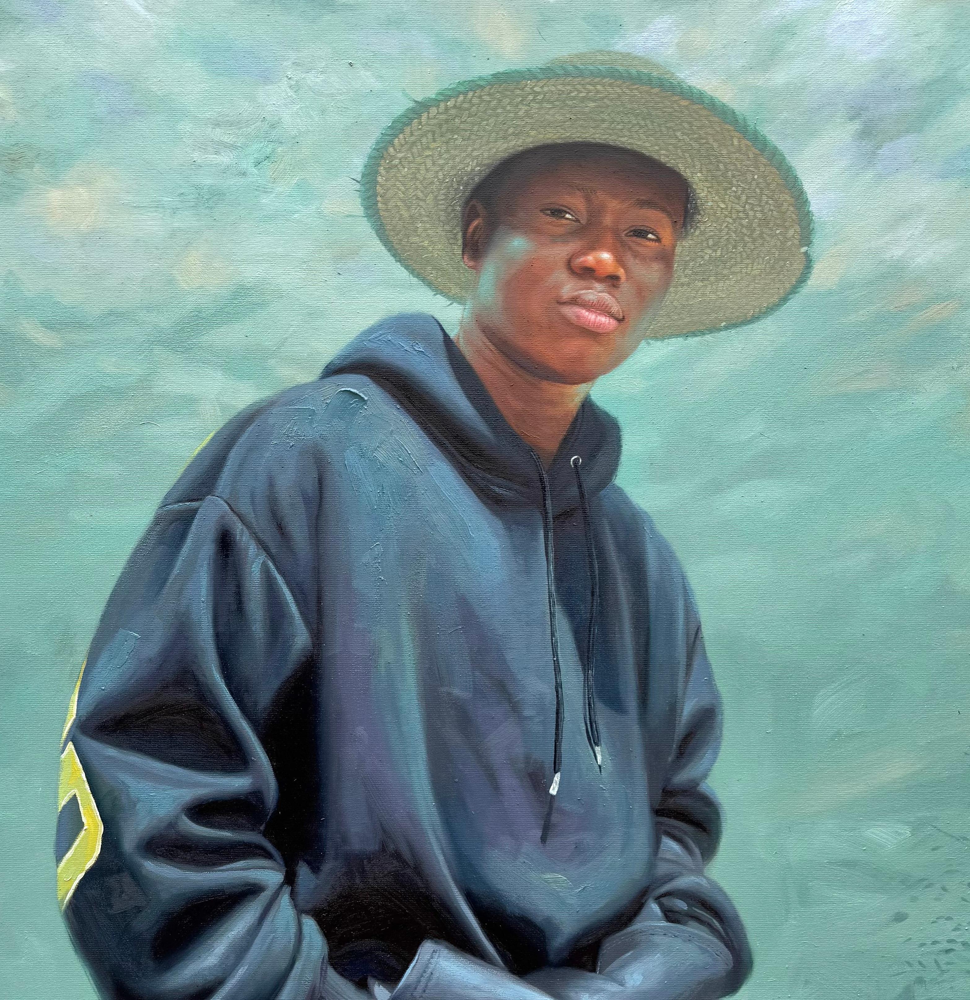 Boy From Hood - 21. Jahrhundert, Zeitgenössisch, Figurativ, Hyperealismus, Afrika (Blau), Portrait Painting, von Falope Ibrahim