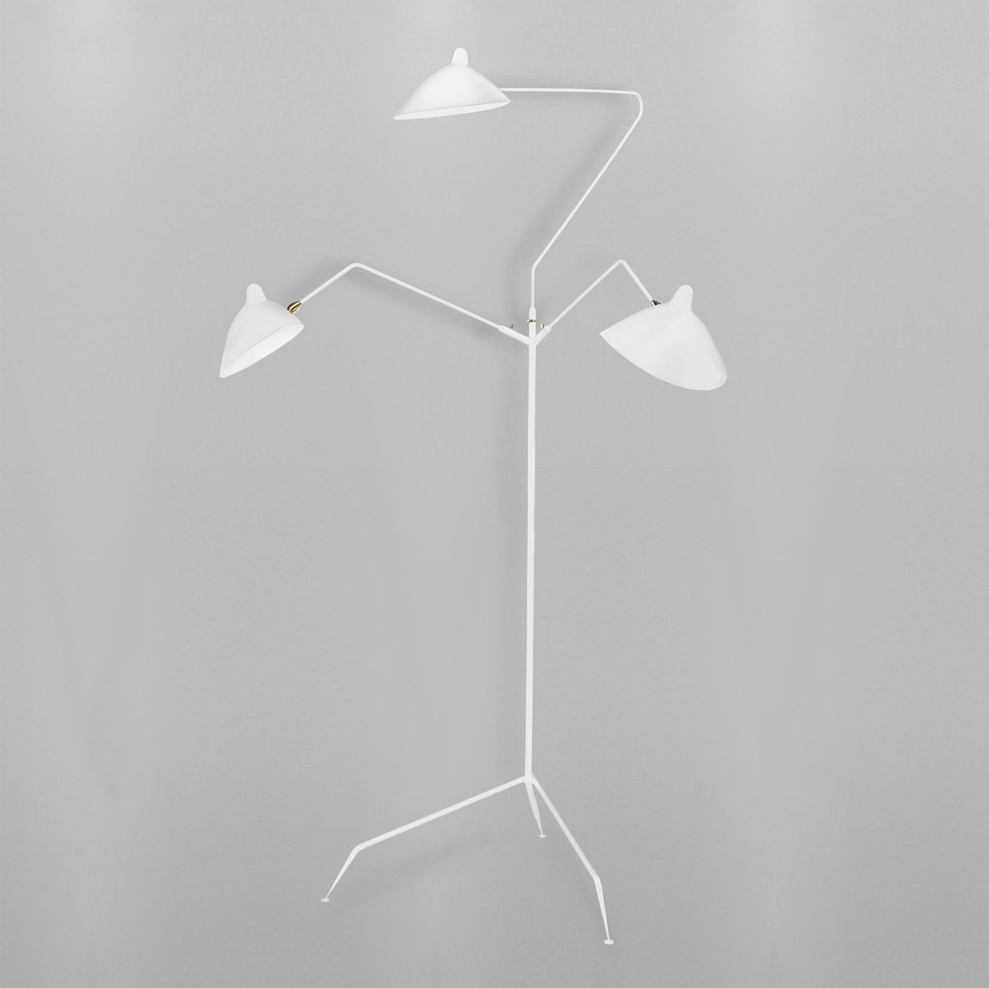 French FaltaPB*Serge Mouille Mid-Century Modern White Three Rotating Arms Floor Lamp