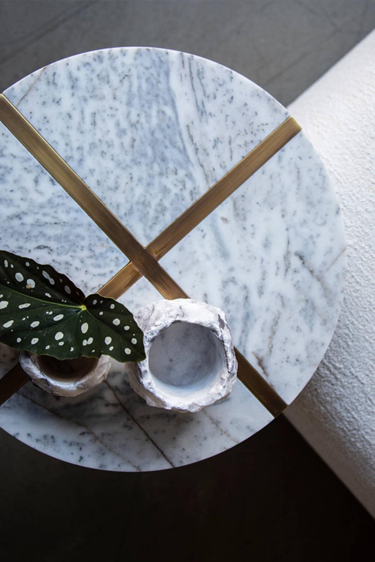 Modern Famed Brass Carrara White Marble Side Table For Sale