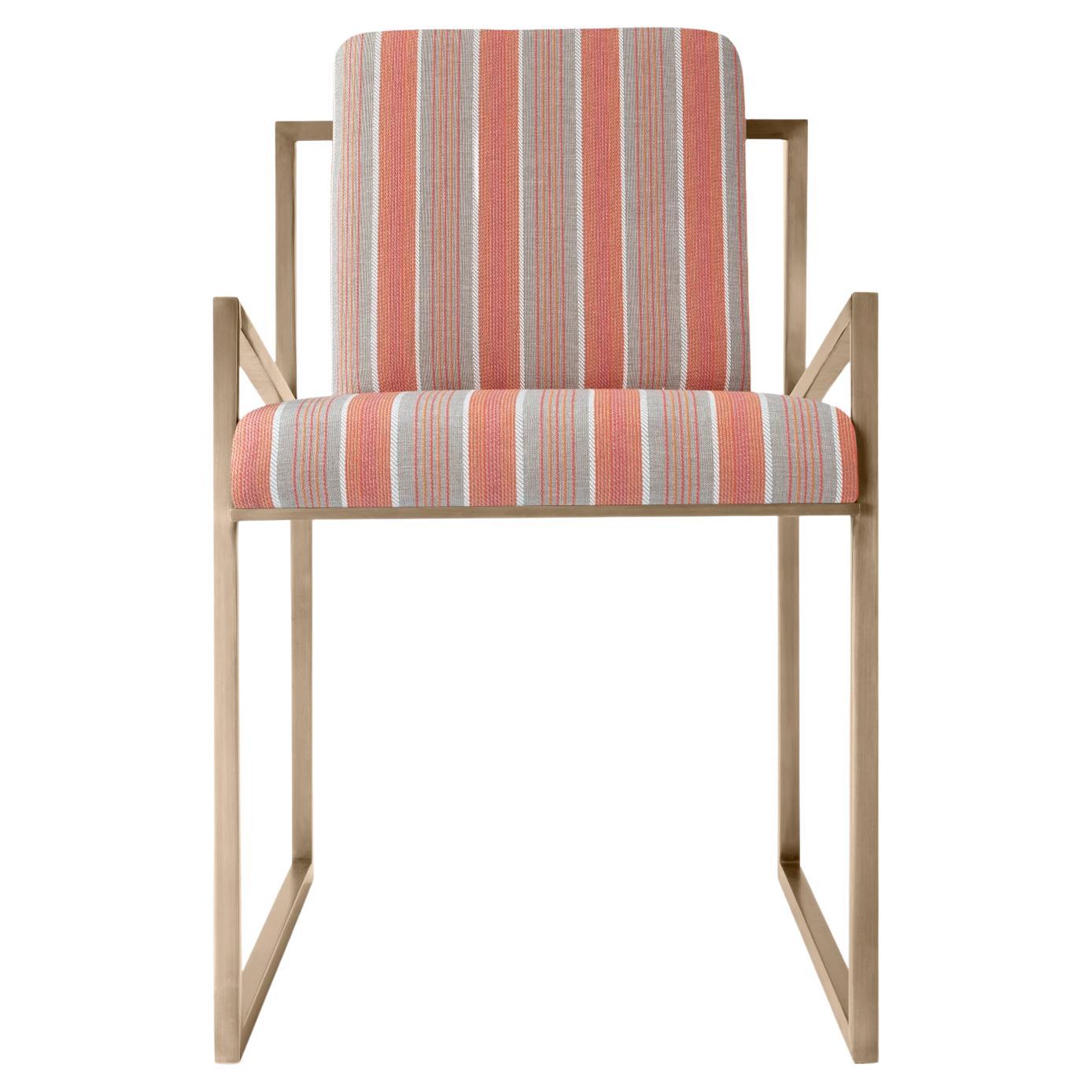 Famed Brass Chair with Striped Upholstery For Sale