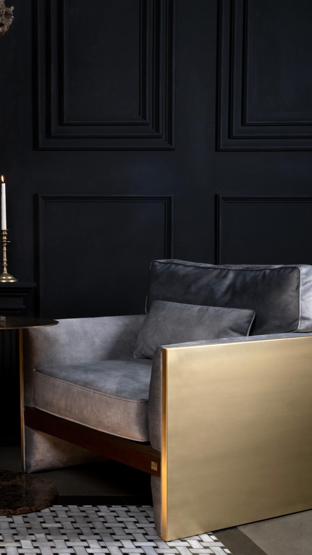 Modern Famed Brass Detailed Velvet Armchair in Display For Sale