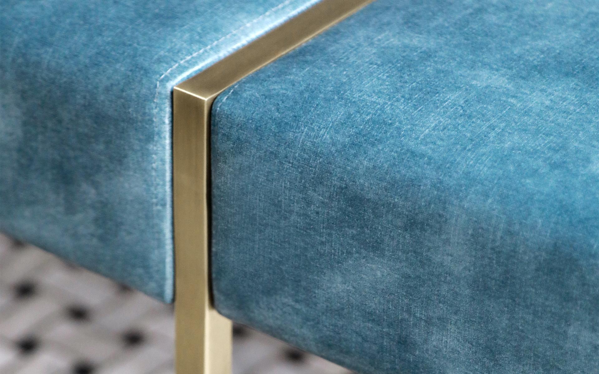 Modern Famed Brass Velvet Blue Upholstered Bench  For Sale
