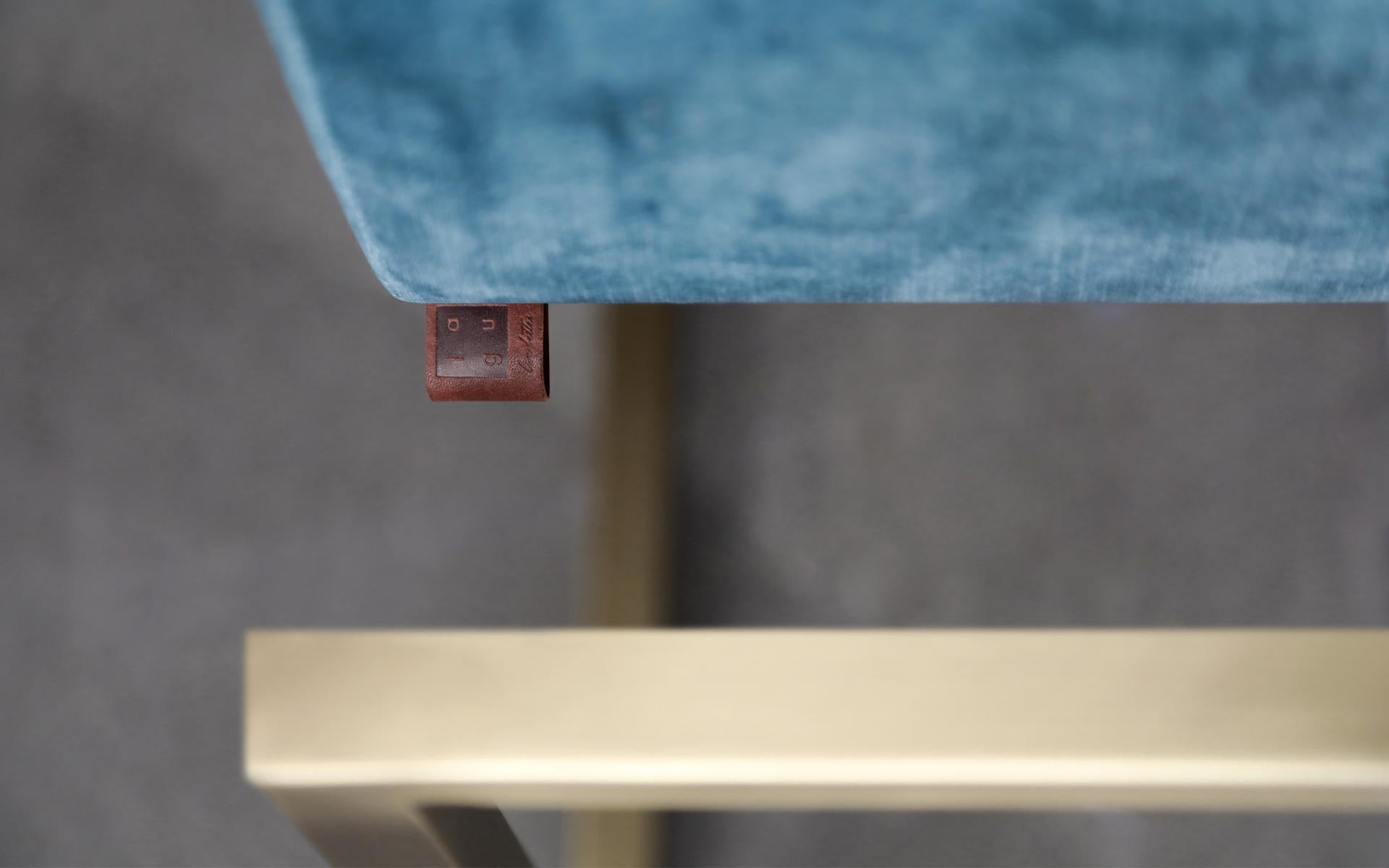 Turkish Famed Brass Velvet Blue Upholstered Bench  For Sale