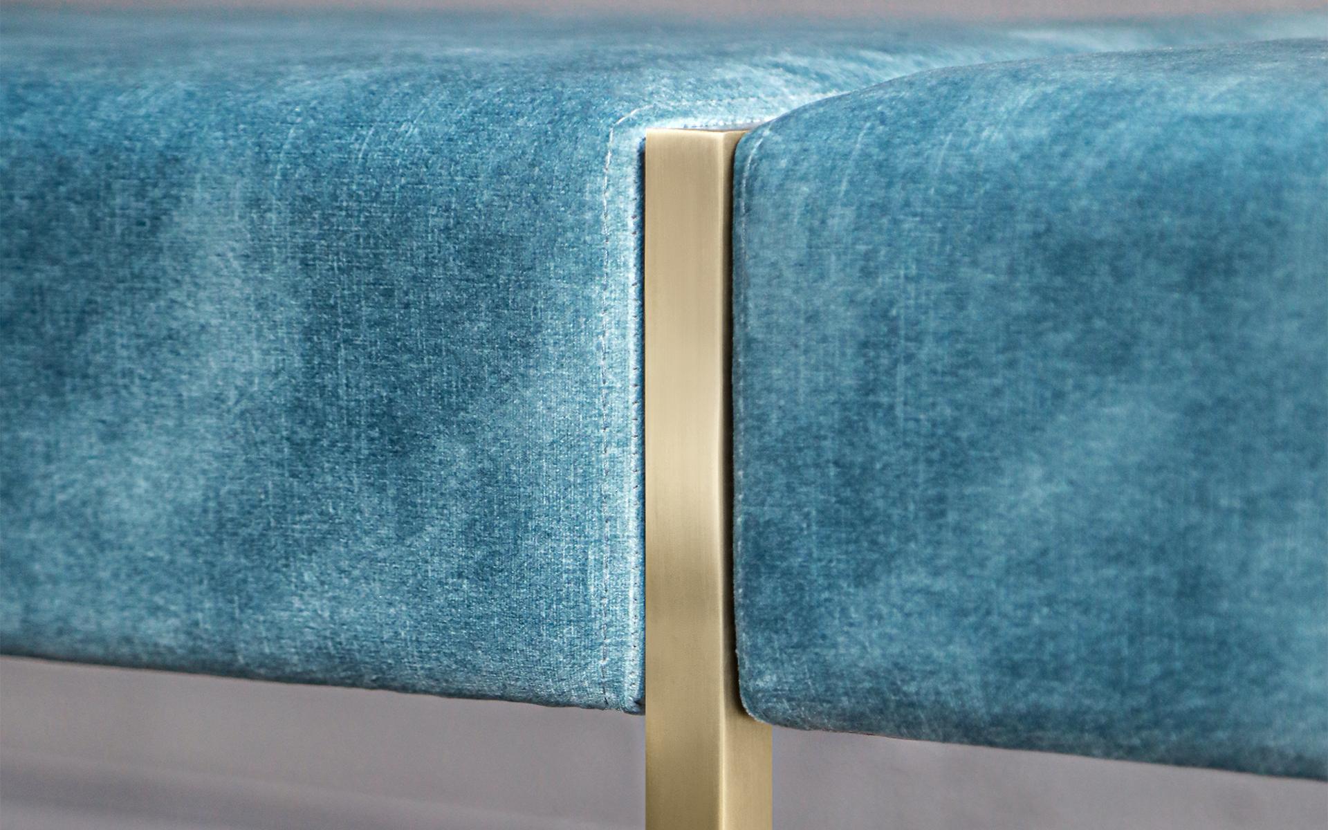 Famed Brass Velvet Blue Upholstered Bench  In New Condition For Sale In İSTANBUL, TR