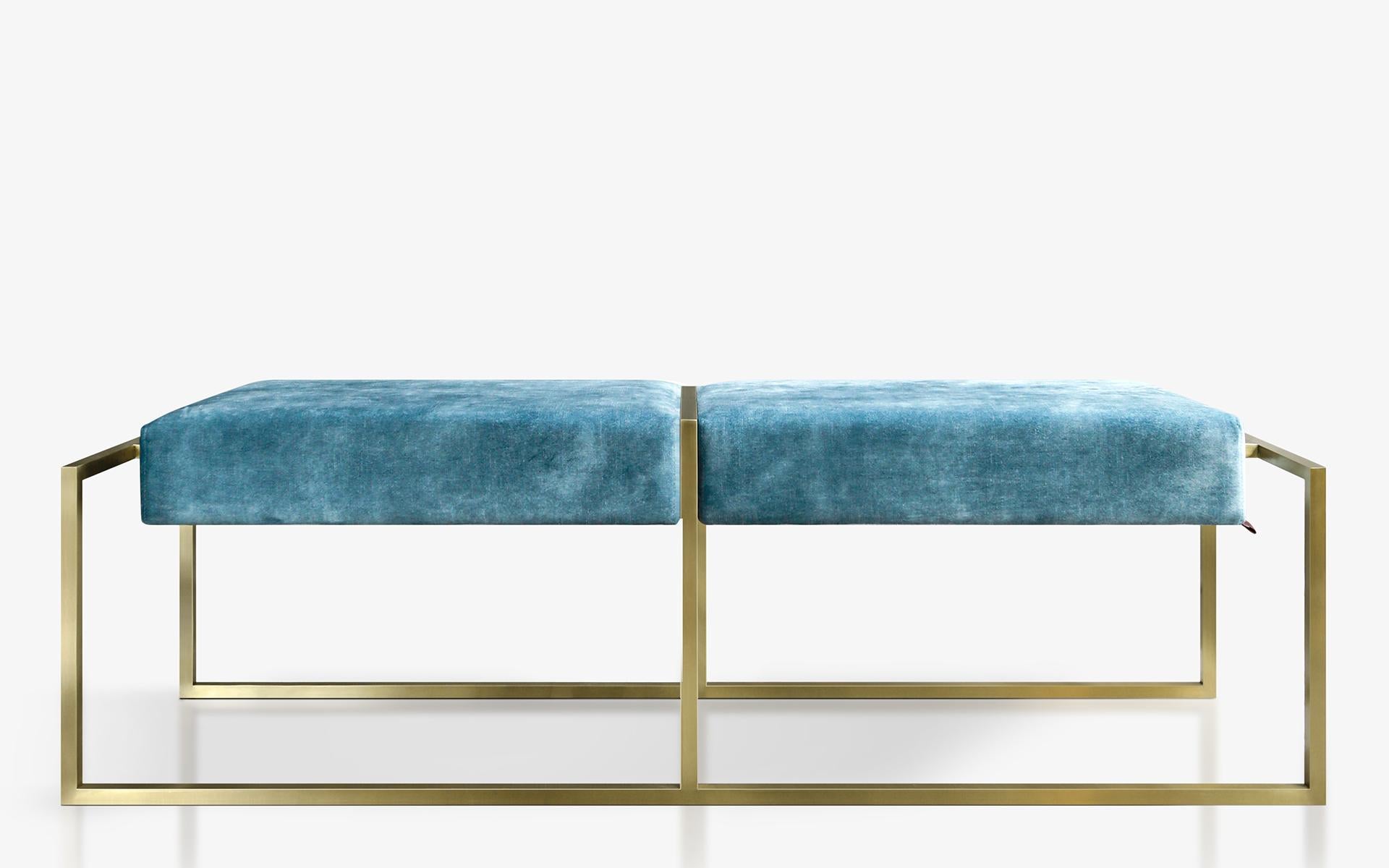 Contemporary Famed Brass Velvet Blue Upholstered Bench  For Sale