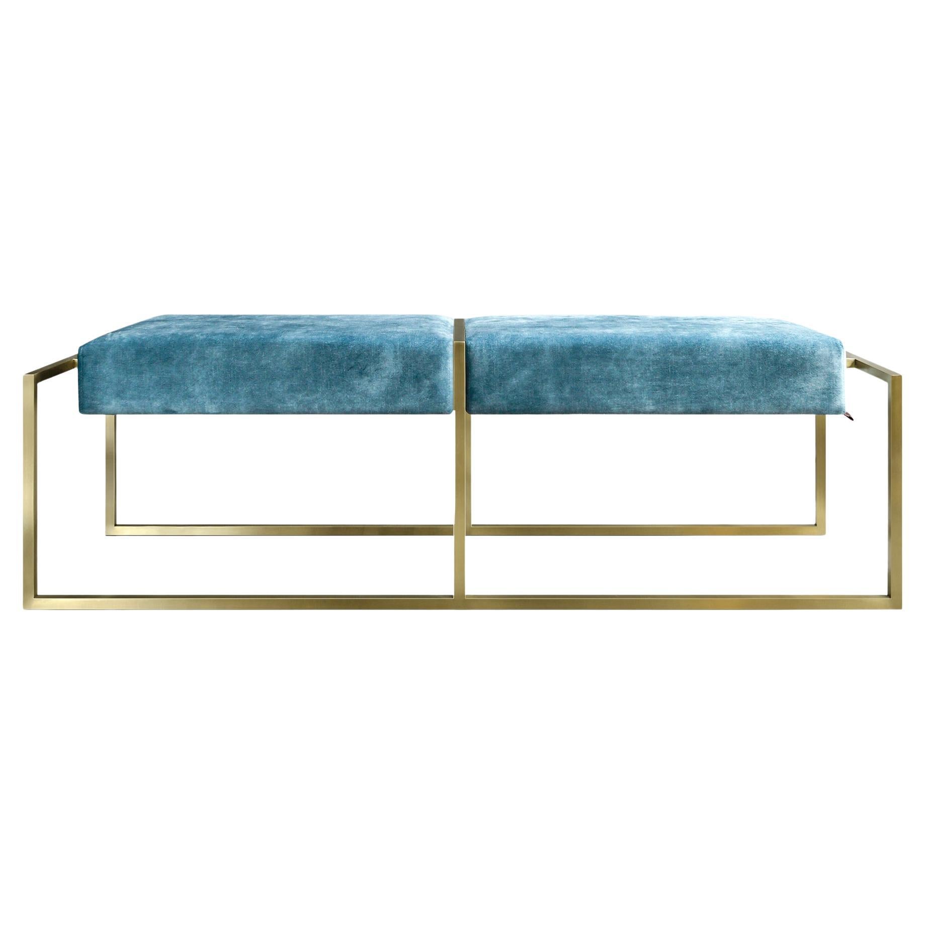 Famed Brass Velvet Blue Upholstered Bench  For Sale