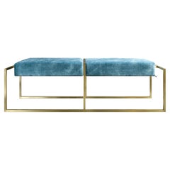 Famed Brass Velvet Blue Upholstered Bench 