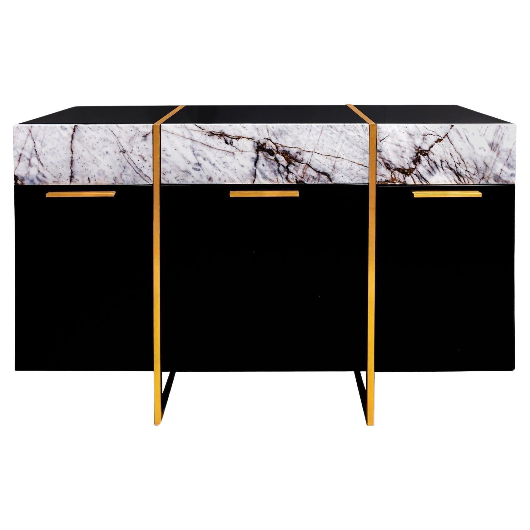 Famed Console No:3 Carrara White Marble Drawer Cover, Lacquered Body For Sale