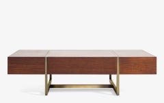 Famed Dark Oak Veneer and Antique Brass Coffee Table with Drawer