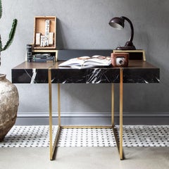 Famed Modern Brass and  Wood Desk with Marble Drawers