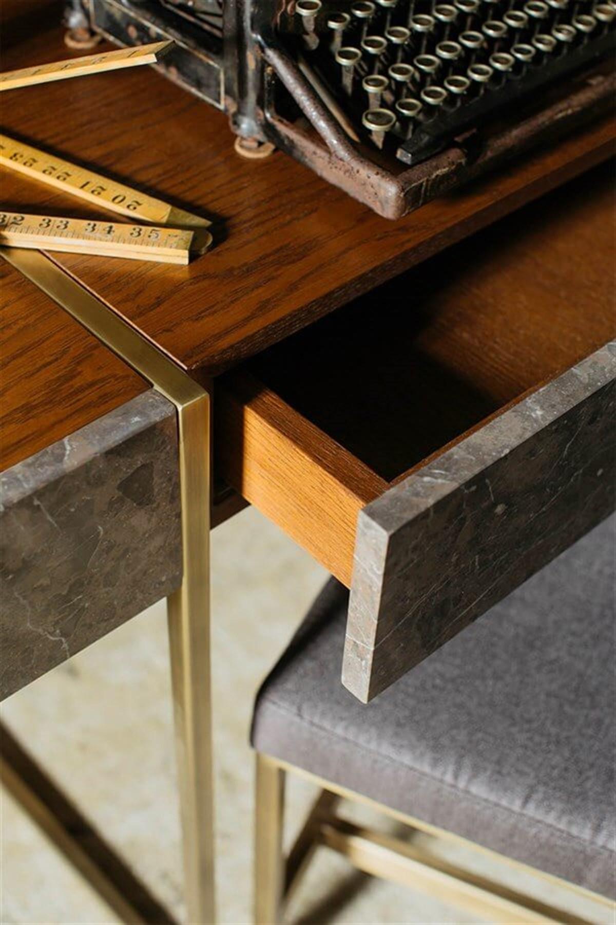 Hand-Crafted Famed Brass &  Wood Desk with Marble Drawers For Sale