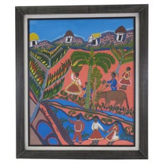 Famed Haitian Painter Montas Antoine 1954 Framed Oil on Board Rural Scene