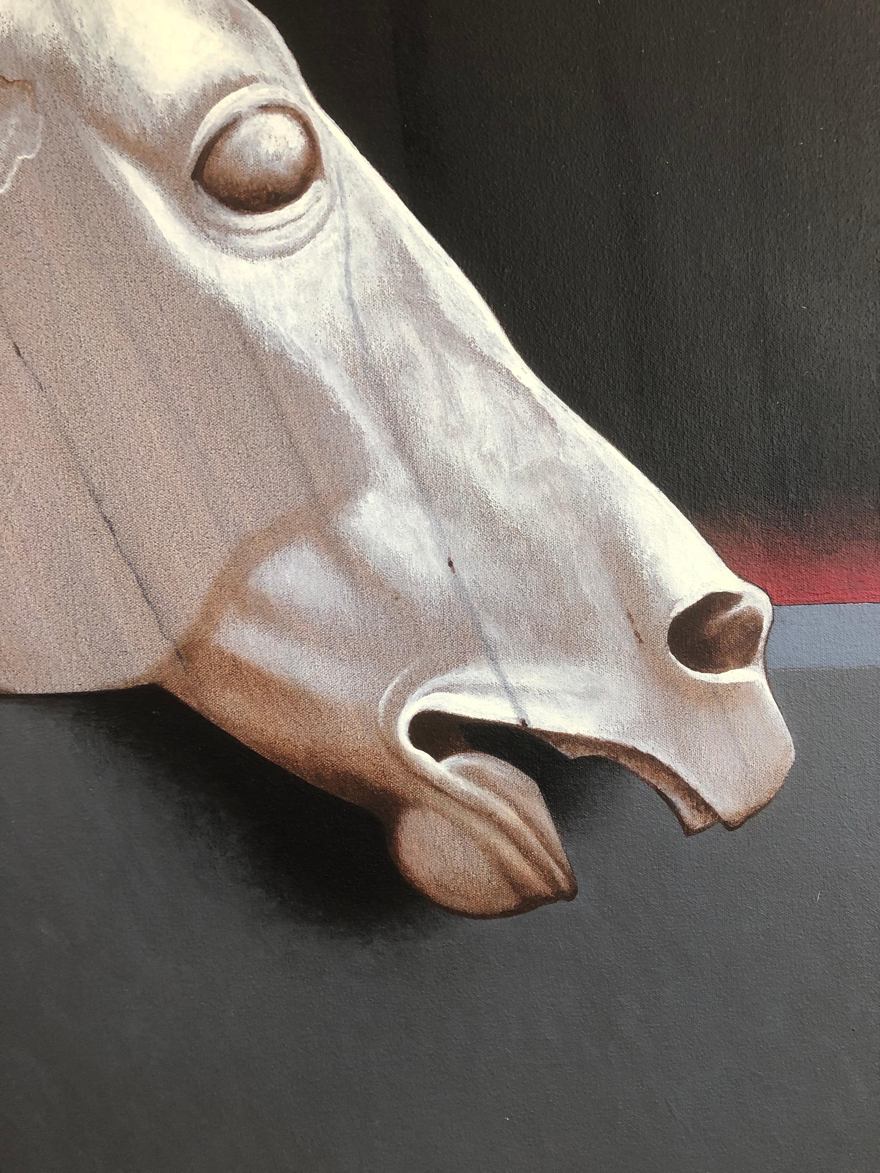 La célèbre sculpture d'une tête de cheval du Parthénon à Athènes.
Peinture originale de Lynn Curlee.
Une belle représentation de l'une des sculptures les plus célèbres de l'œuvre.
Cette peinture a été reproduite dans PARTHENON,
un livre d'images non