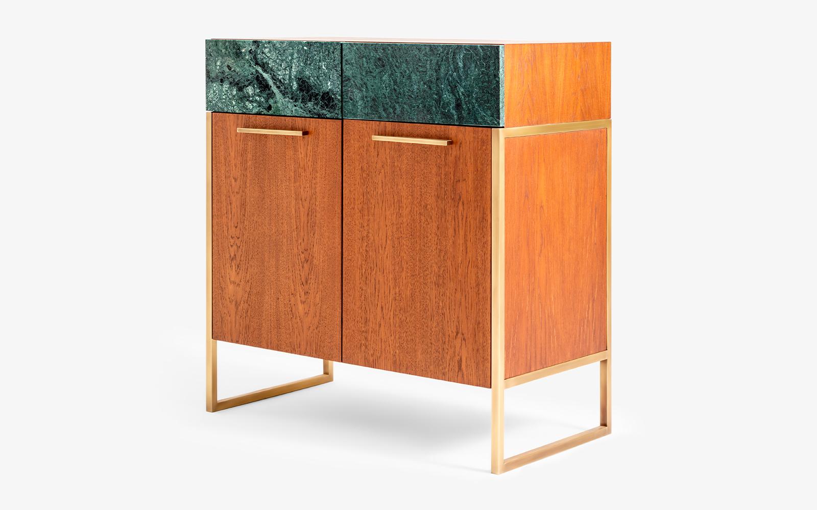 Famed modular console by Lagu
Designed by Ufuk Ceylan
Dimensions: W 84 x D 45 x H 90 cm
Materials: Brass, marble, oak, wood.

Offering the most elegant combination of first grade oak plated and rainforest marble, Famed console produces a
