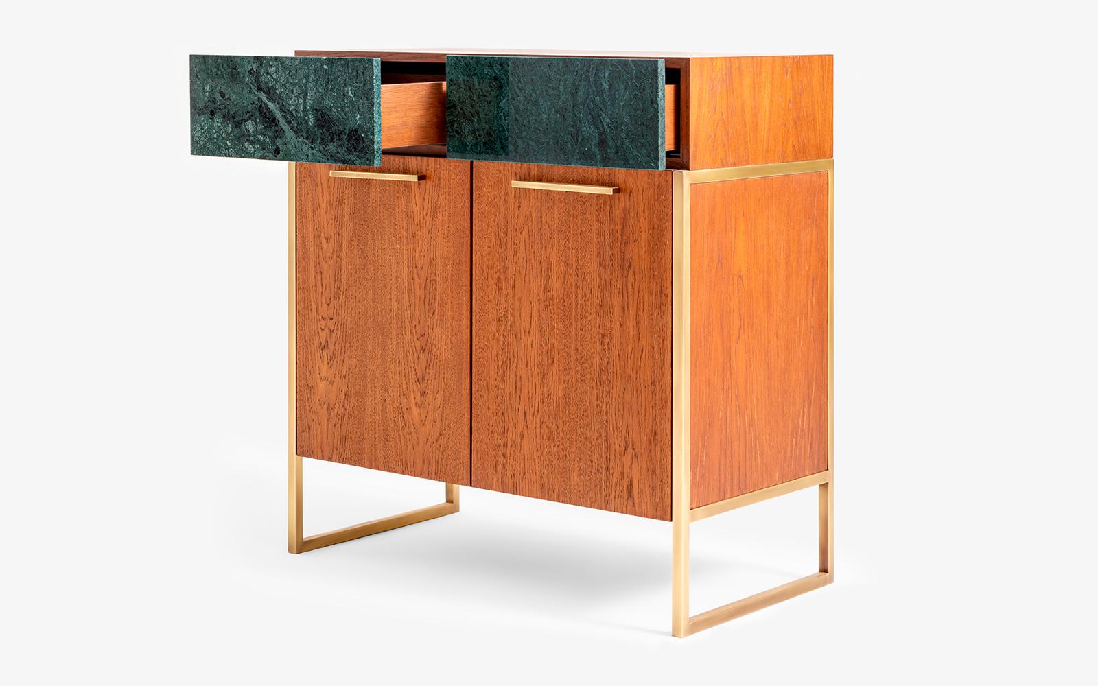 Modern Famed Modular Console with Rainforest Marble and Wood For Sale