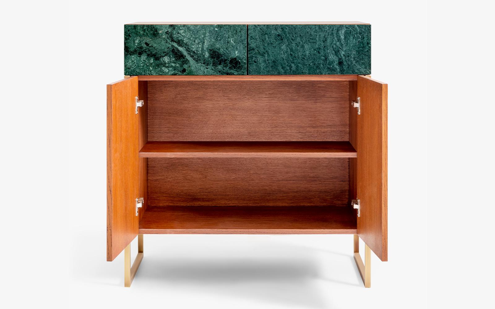 Contemporary Famed Modular Console with Rainforest Marble and Wood For Sale