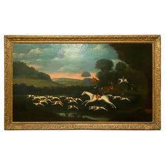 Antique Famed Oil on Canvas Painting of a Fox Hunt