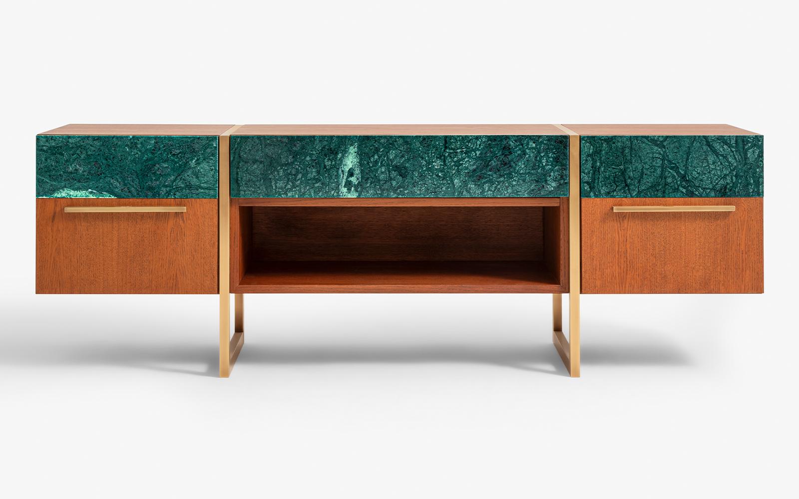 Famed Rainforest Marble TV Cabinet With Drawers by Lagu.
Designed by Ufuk Ceylan.
Dimensions: W 150 x D 42 x H 50 cm.
Materials: Wood, Brass, Marble, Oak.

Surrounded by oak veneer and rainforest marble with aged brass, the FAMED TV UNIT