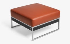 Famed Square Ottoman in Faux Leather Stainless Steel Metal and Wood