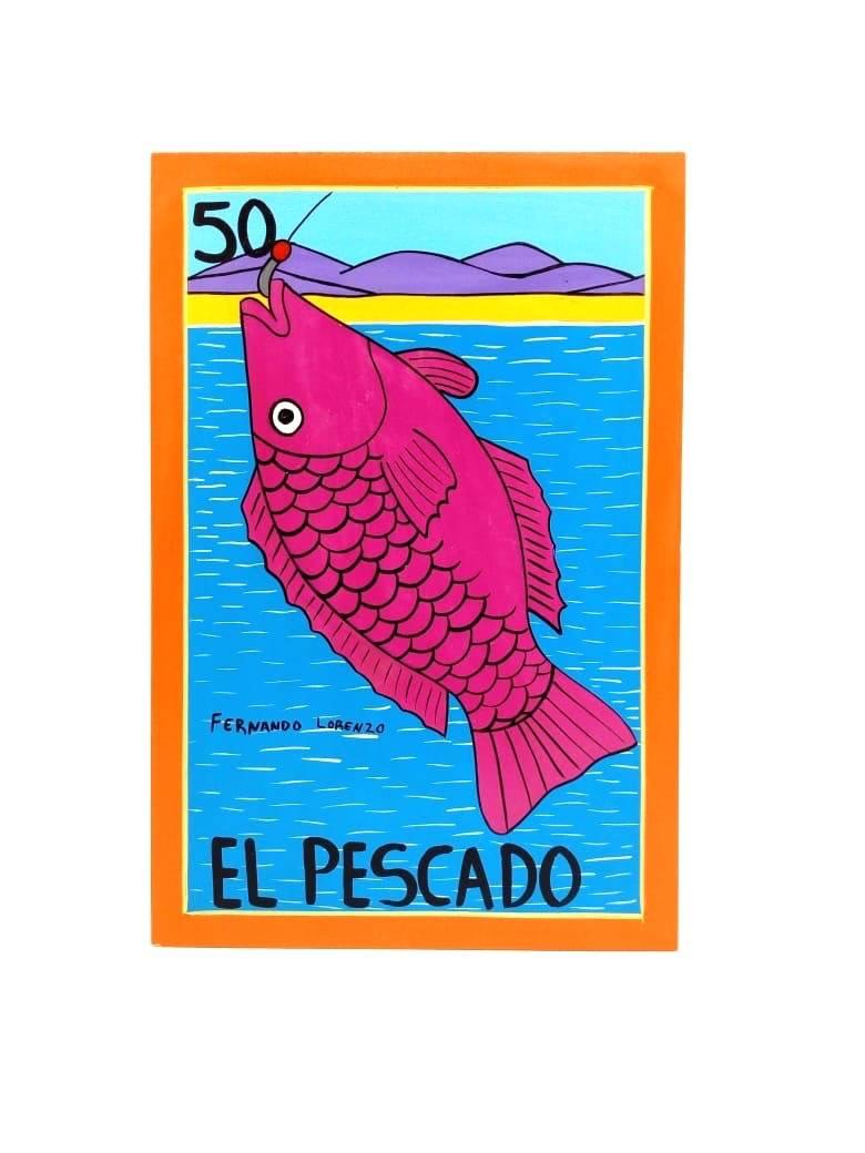 This colorful set of pieces was created by the Mexican artist Fernando Lorenzo. Produced with vinyl paint on wood, these works recreate on a bigger scale images from the popular Mexican game of chance called Lotería, similar to Bingo. Instead of