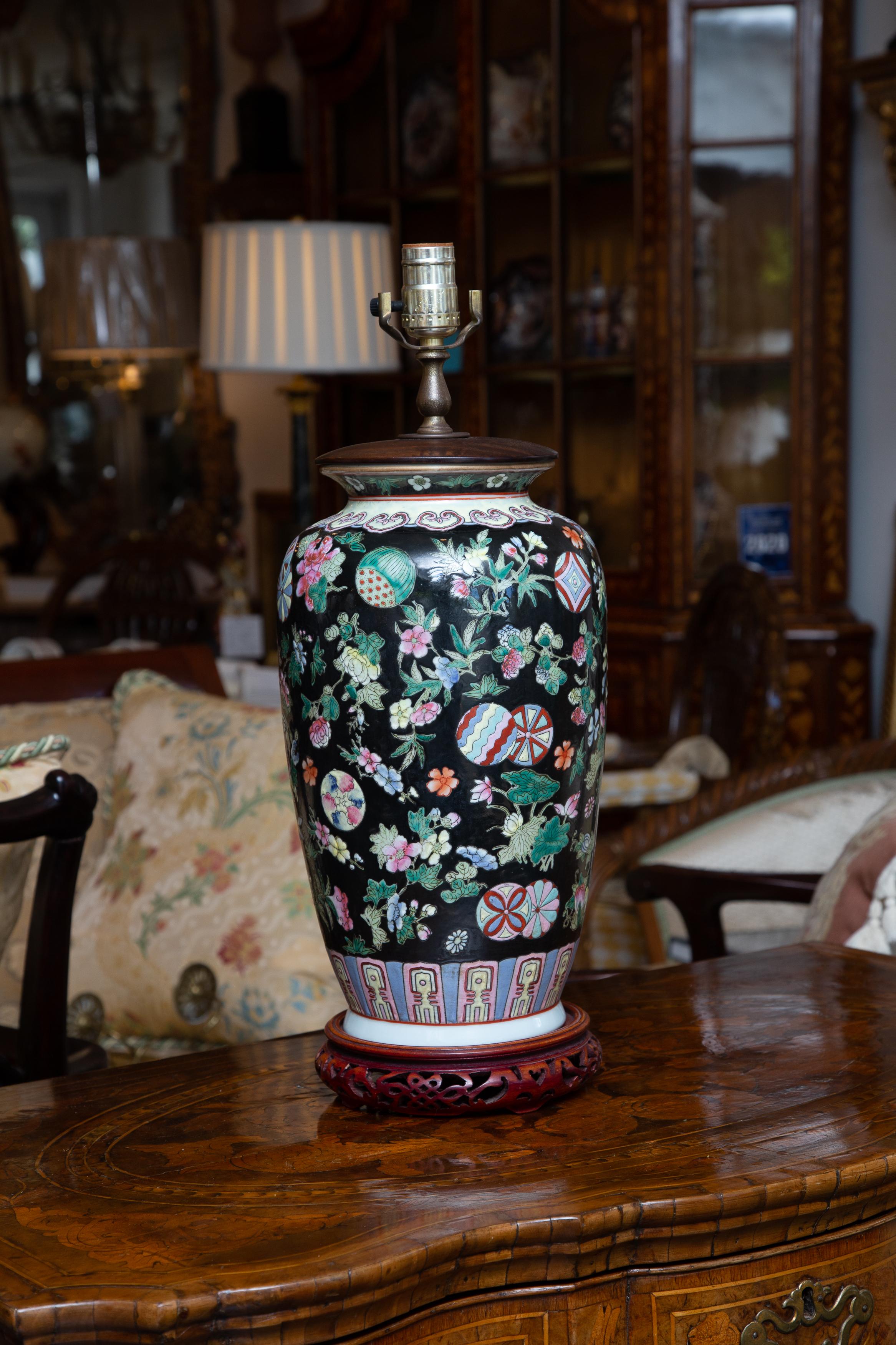 Famille Noir Vases as Table Lamps - Pair Available In Good Condition For Sale In WEST PALM BEACH, FL
