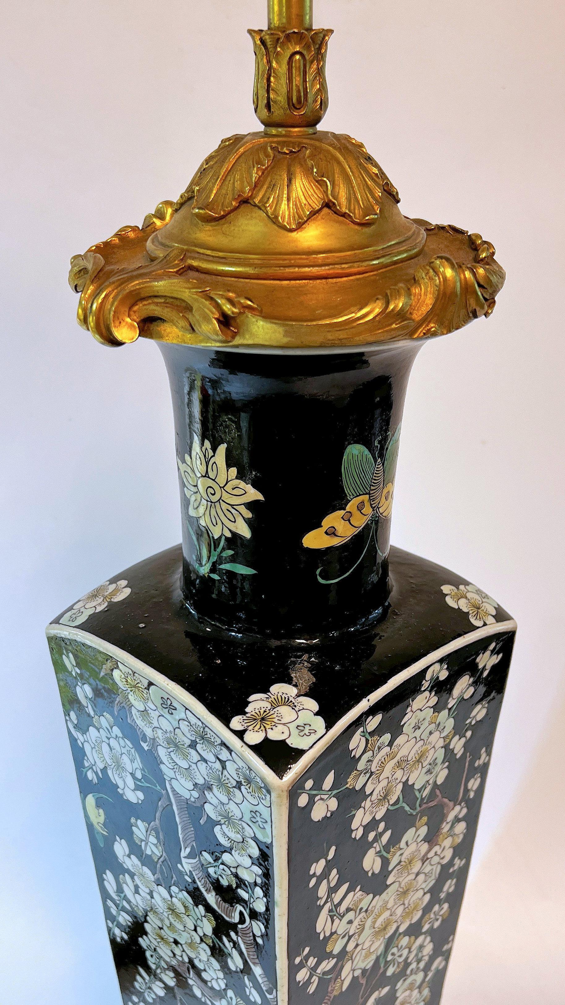 Qing Famille Noire Chinese Porcelain Ormolu Bronze Mounted Table Lamp For Sale