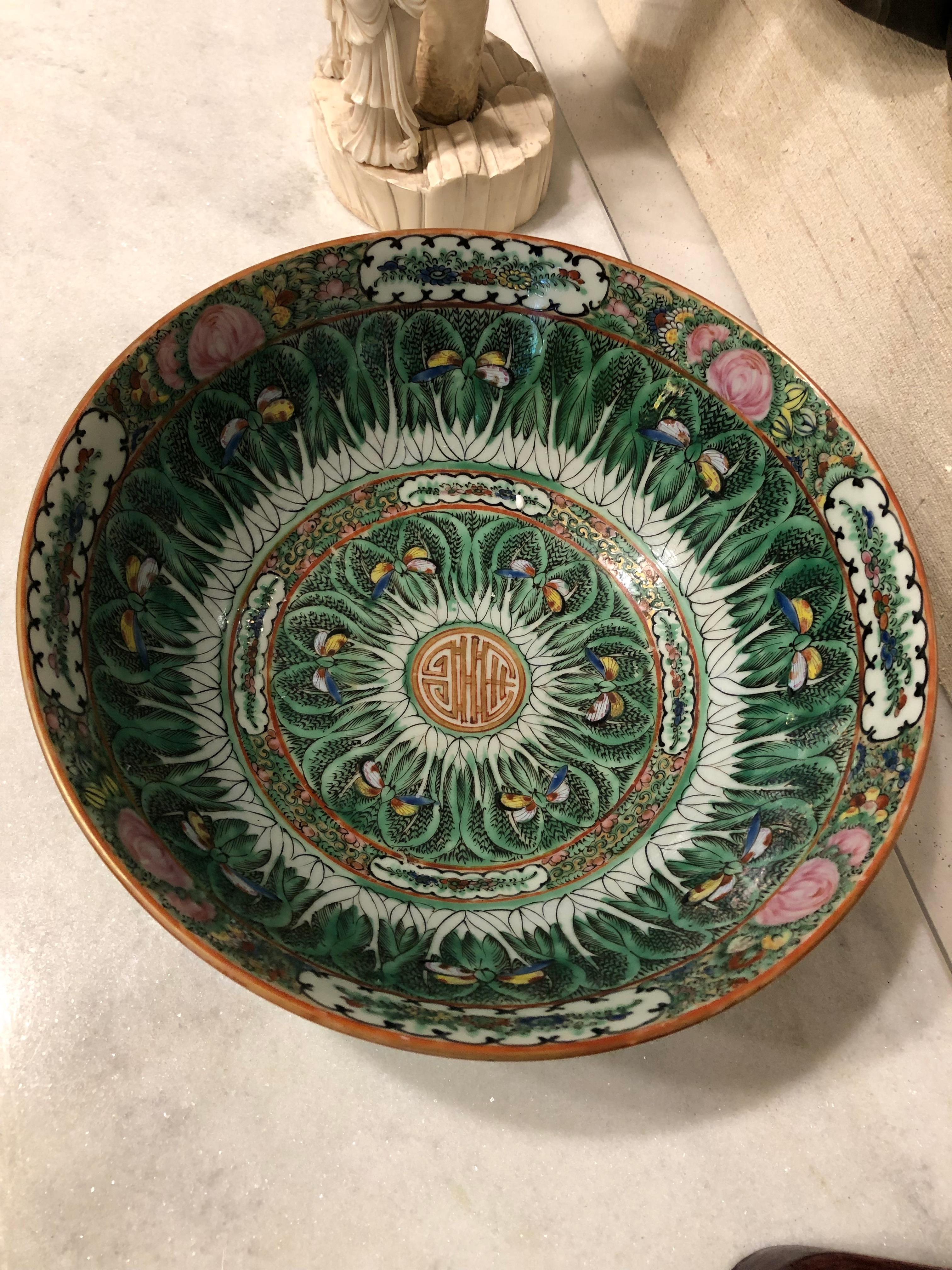 This wonderful bowl is hand painted marked orange stamp Made in China circa 1920 It is from the Estate of a designer on Melrose Avenue and who helped Jackie Kennedy re-do the White House.
 