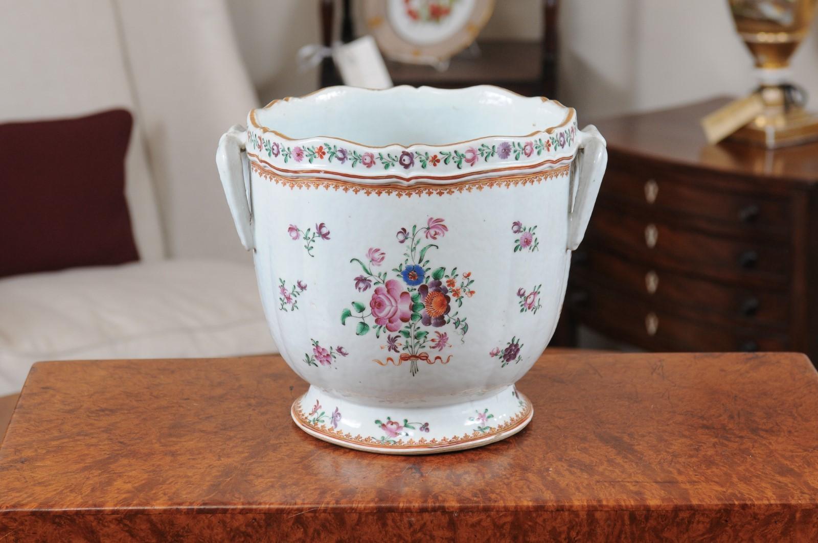 Mid-18th Century Famille Rose Cachepot with Footed Base & Handles, Chinese Export ca. 1750