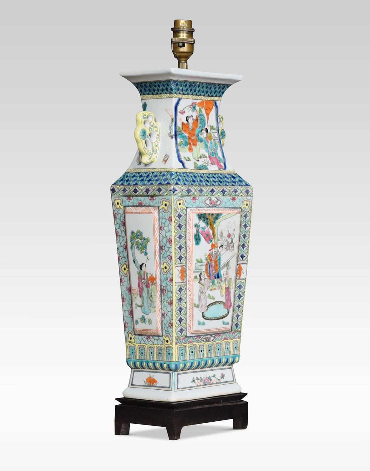 Famille rose Canton porcelain vase lamp, painted with reserves of traditional figures and flower heads within foliate and decorated borders. All raised up on Chinese rosewood base.
Dimensions:
Light
Height 21.5 inches
Width 6.5 inches
Depth 4.5