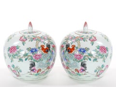 Famille Rose Celadon Chinoiserie POrcelain Covered Urns / Jars