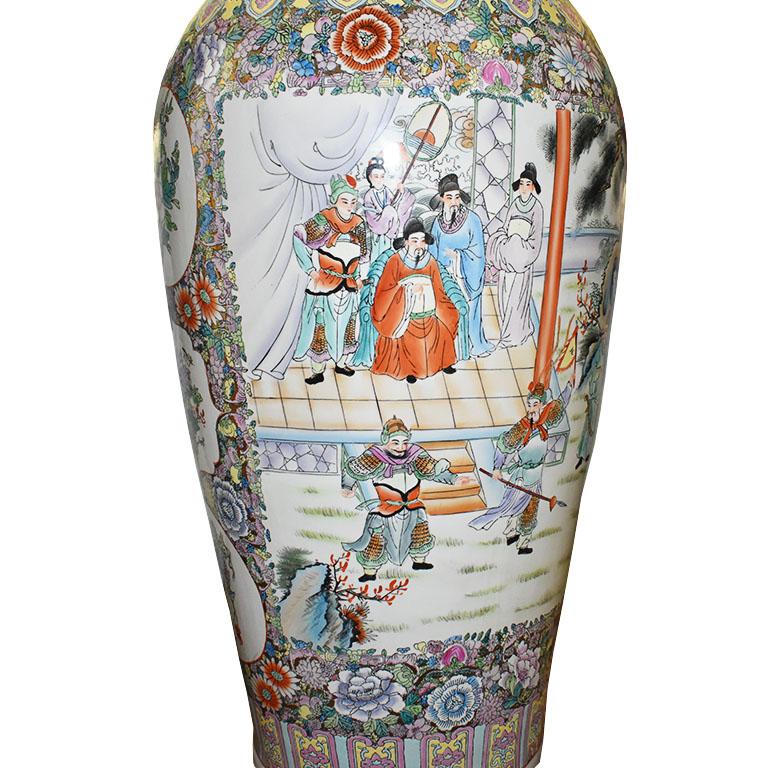 Famille Rose Ceramic Chinoiserie Floor Vase in Gold, Pink and Blue 5