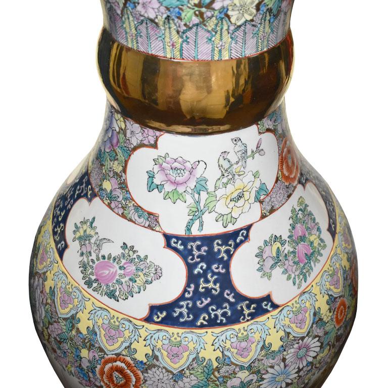 Famille Rose Ceramic Chinoiserie Floor Vase in Gold, Pink and Blue 2