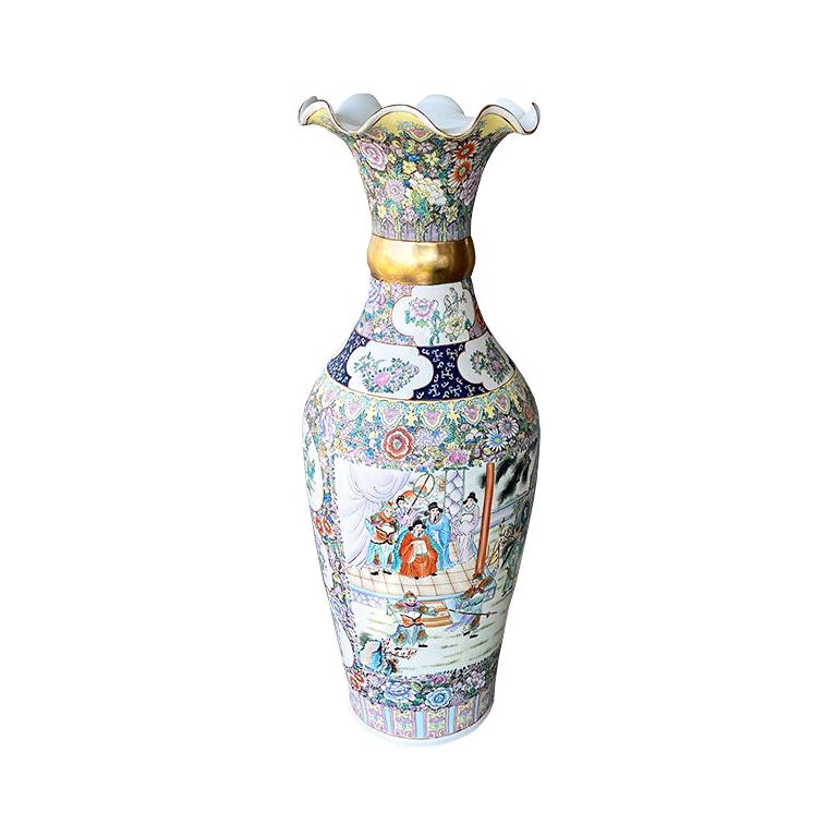Famille Rose Ceramic Chinoiserie Floor Vase in Gold, Pink and Blue