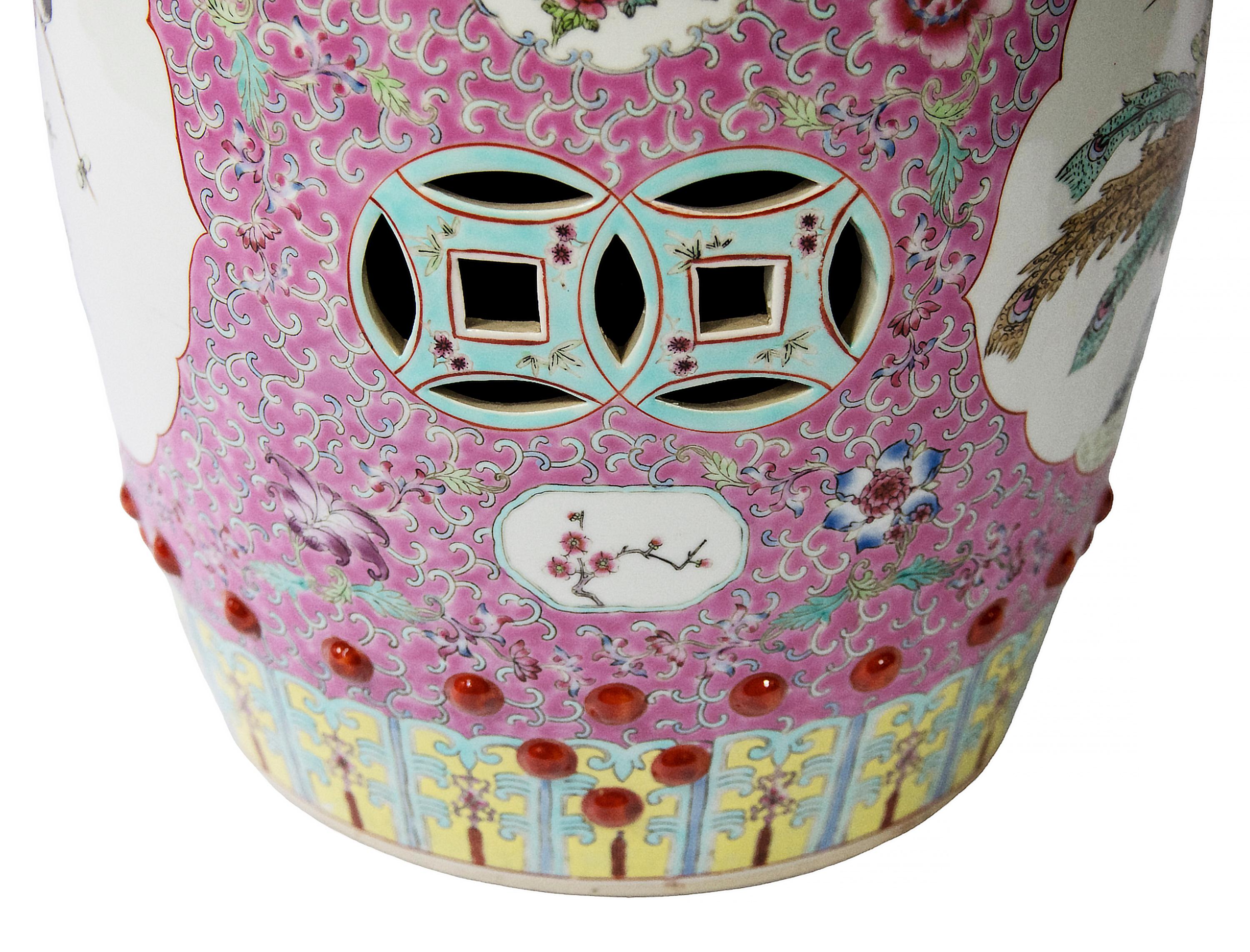 Handgefertigter chinesischer Gartenhocker aus Keramik von Famille Rose (Glasiert) im Angebot