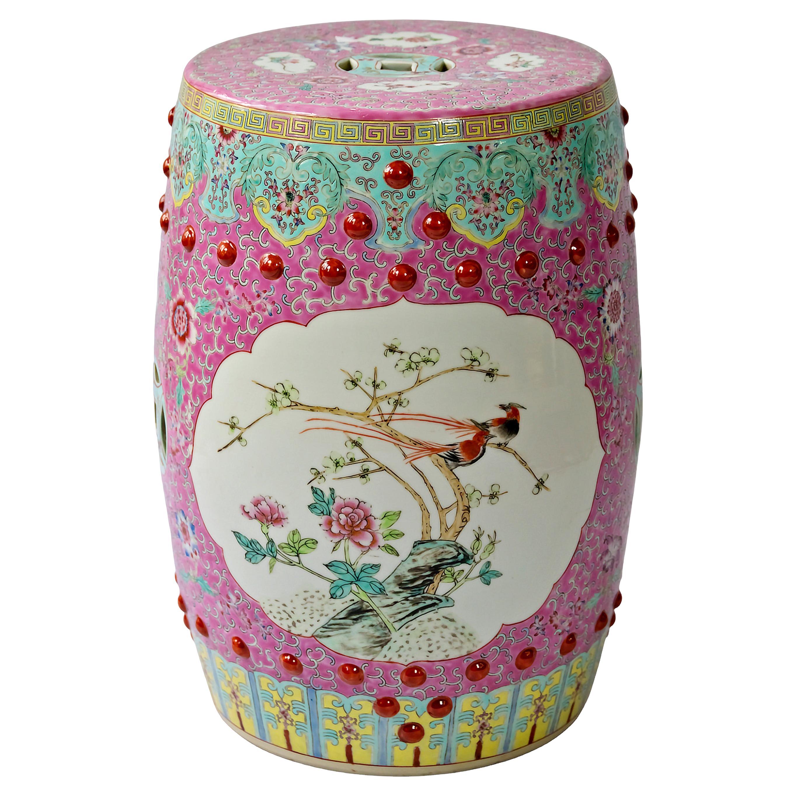 Handgefertigter chinesischer Gartenhocker aus Keramik von Famille Rose im Angebot
