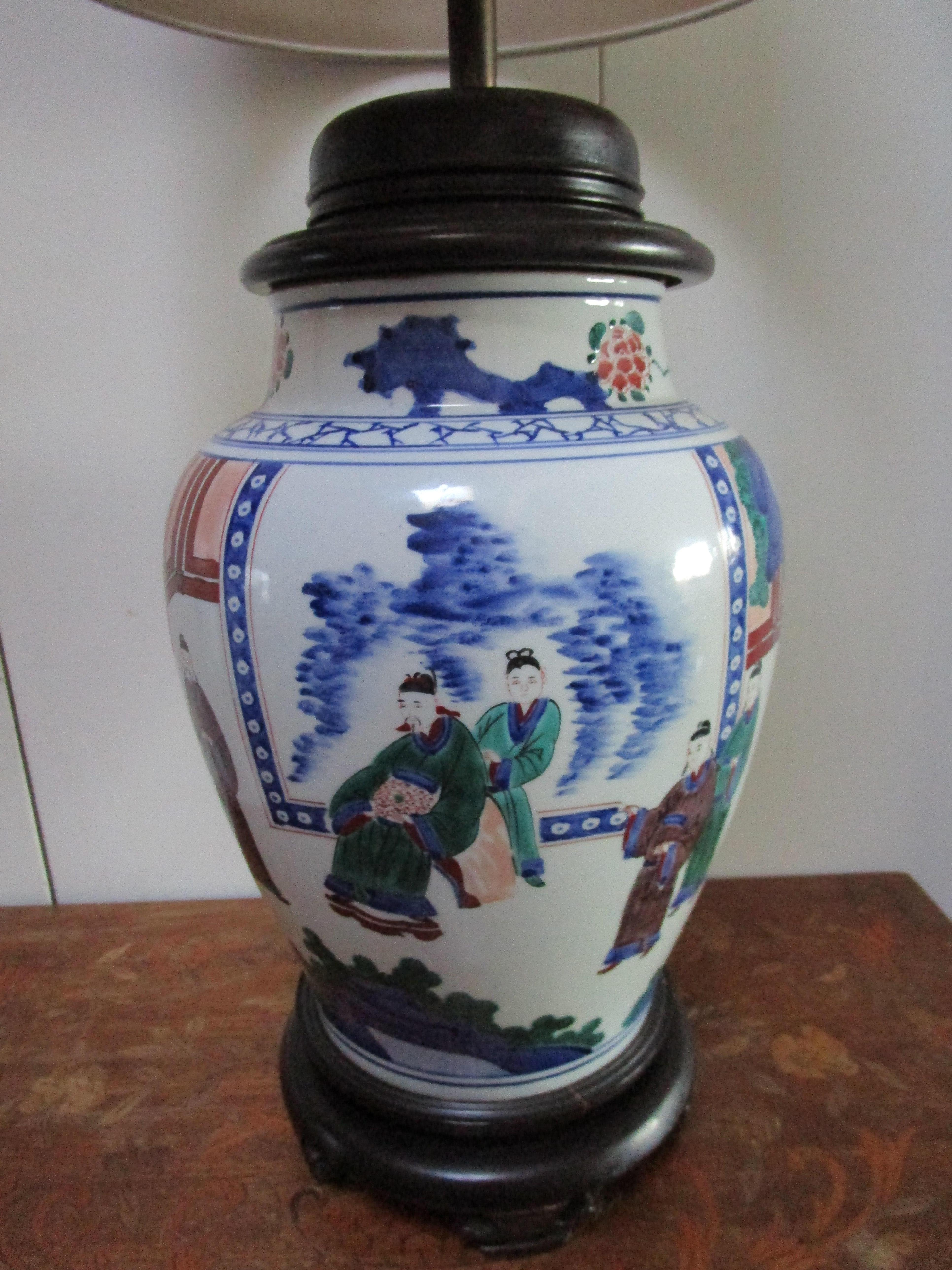 Famille Rose Chinese Export Mid Century Hand Painted Temple Jar Lamp  4