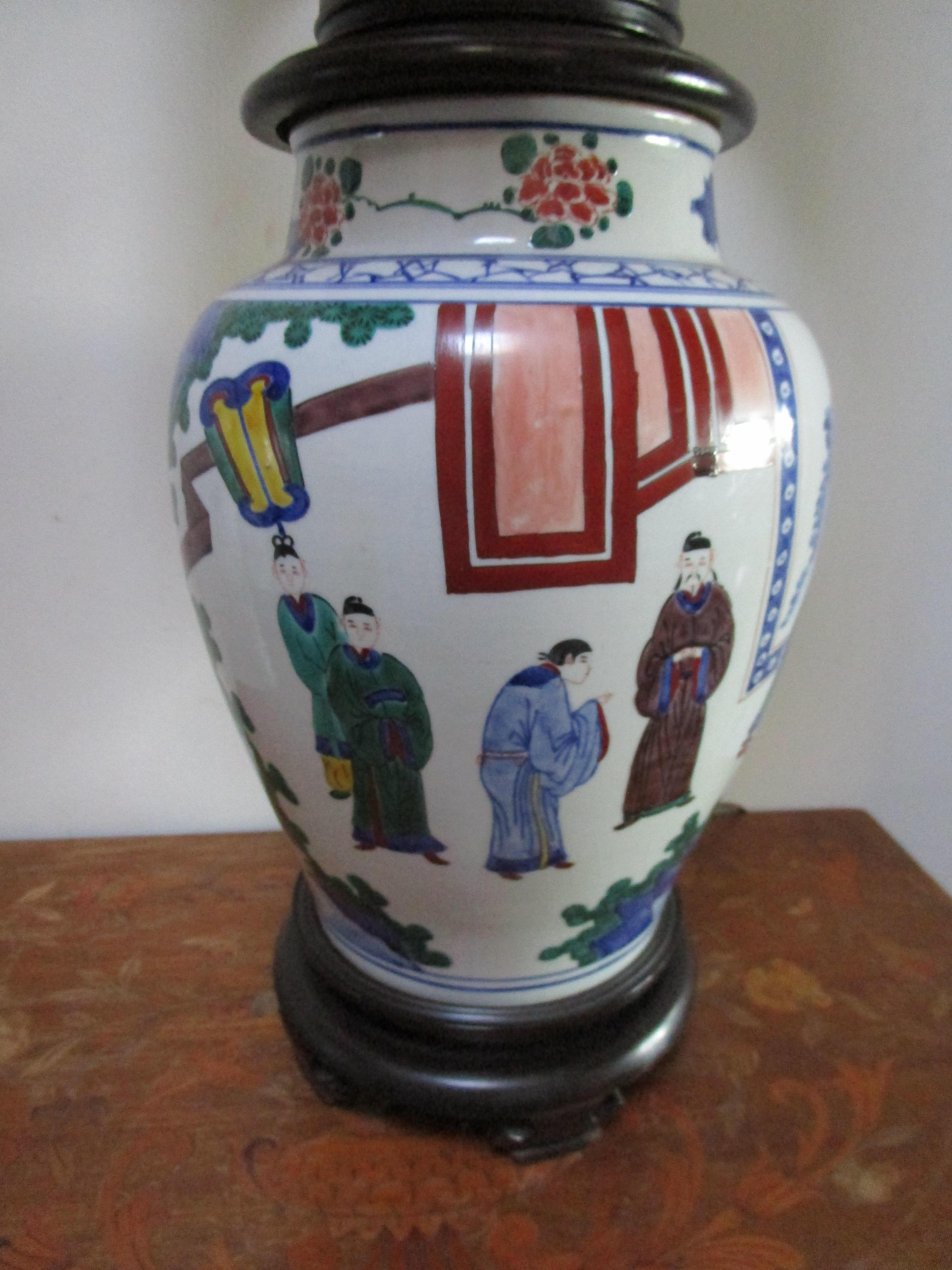Hand-Painted Famille Rose Chinese Export Mid Century Hand Painted Temple Jar Lamp 
