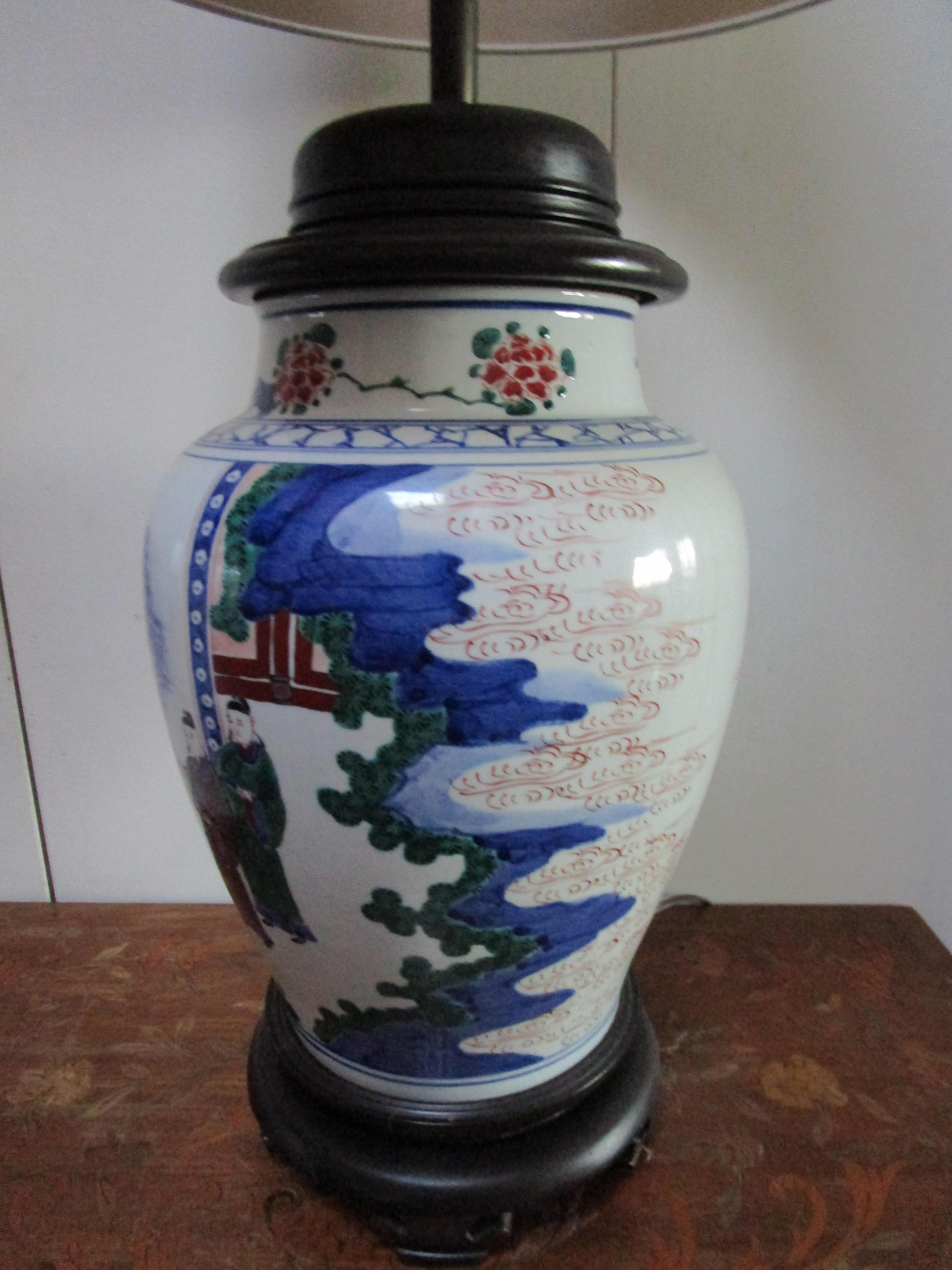 Porcelain Famille Rose Chinese Export Mid Century Hand Painted Temple Jar Lamp 