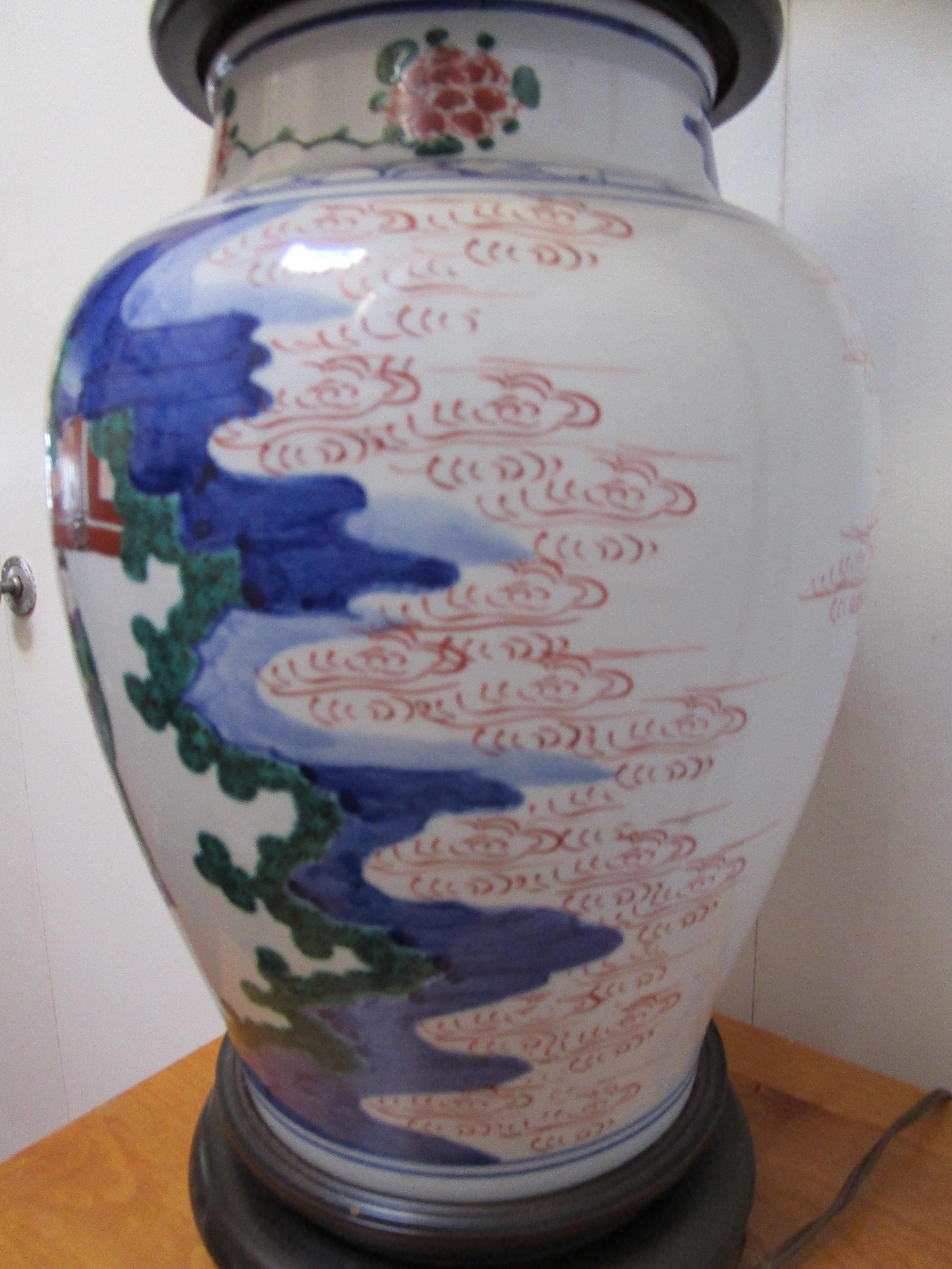 Famille Rose Chinese Export Mid Century Hand Painted Temple Jar Lamp  1
