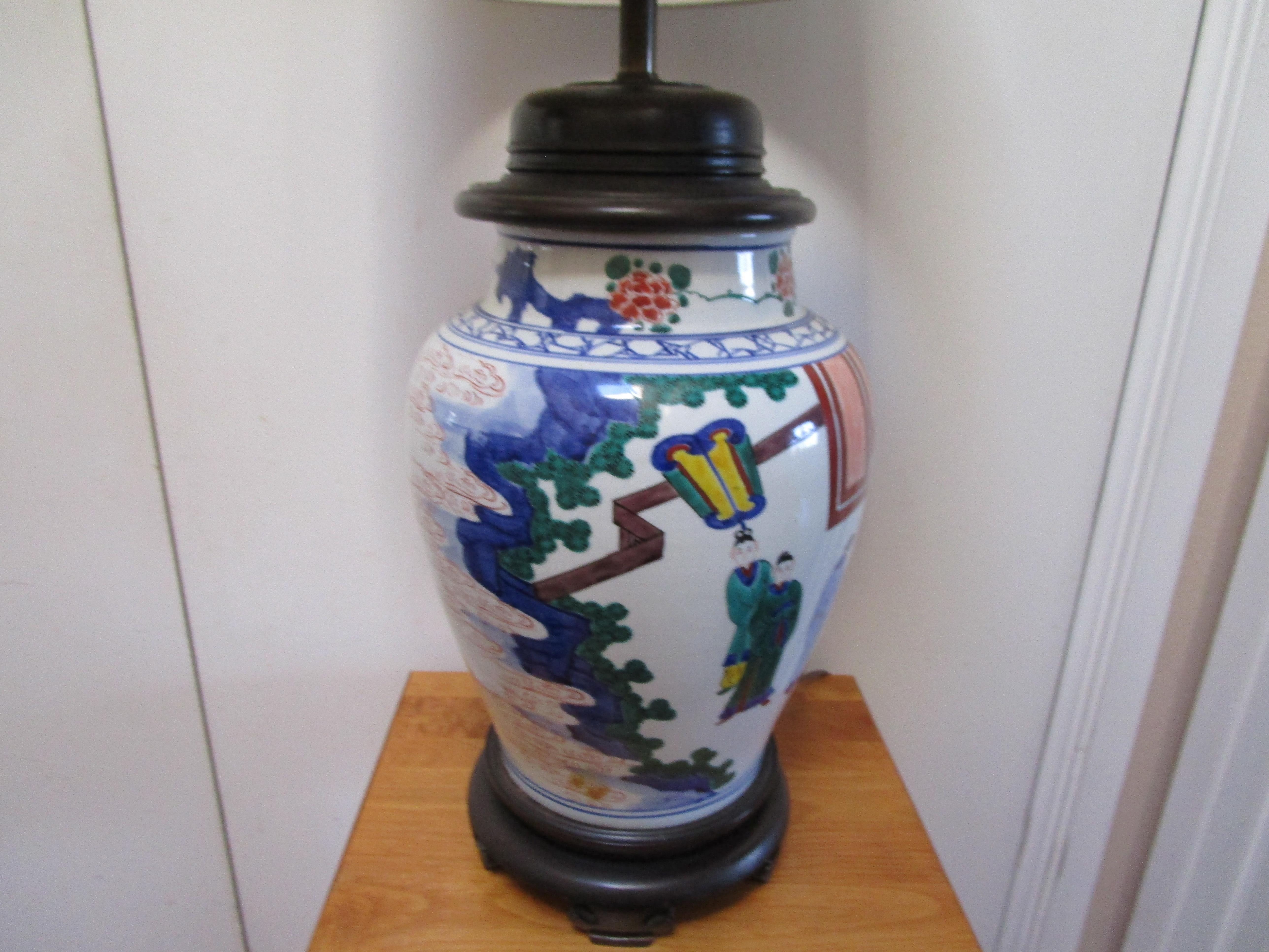 Famille Rose Chinese Export Mid Century Hand Painted Temple Jar Lamp  2