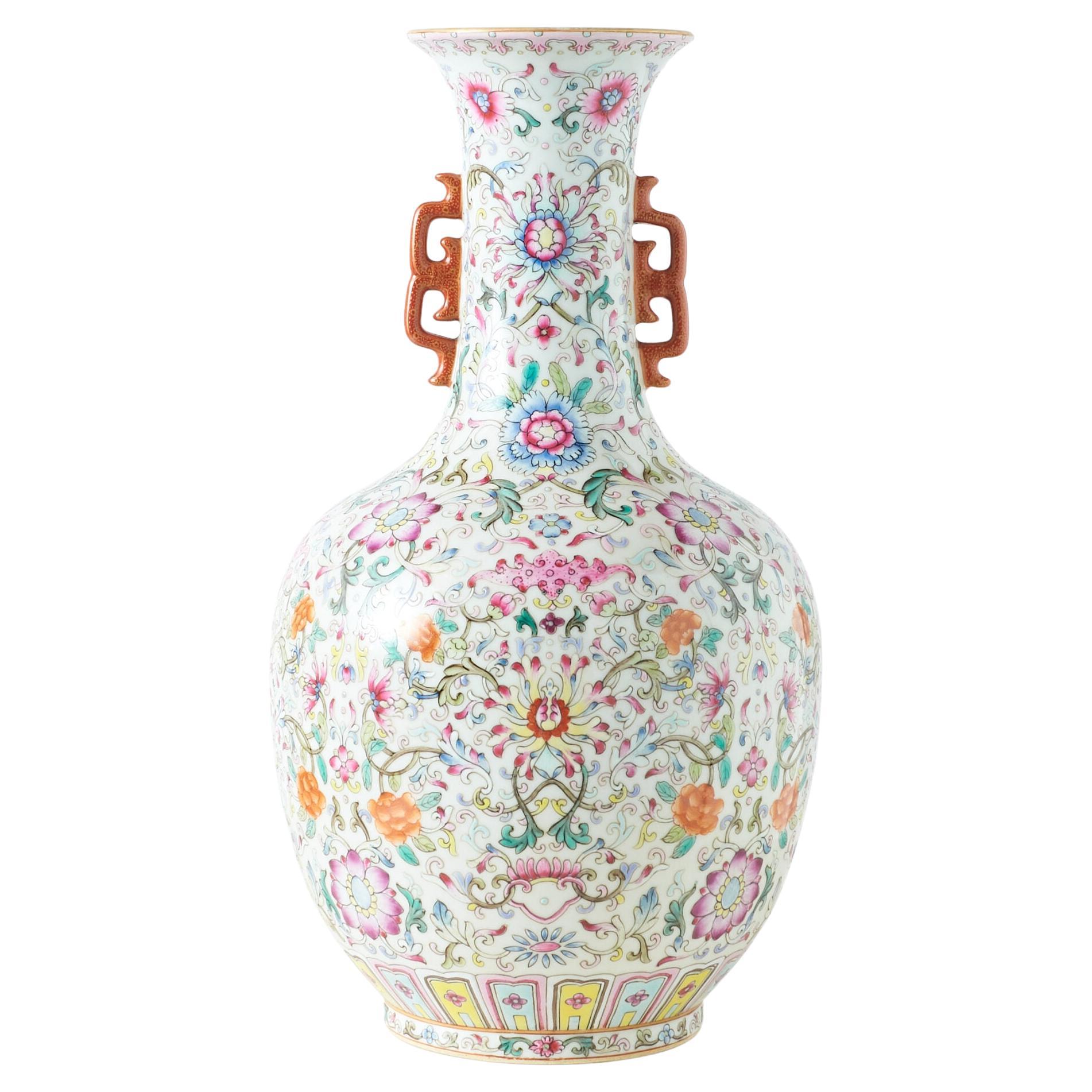 Famille Rose Double-Eared Flower Vase For Sale