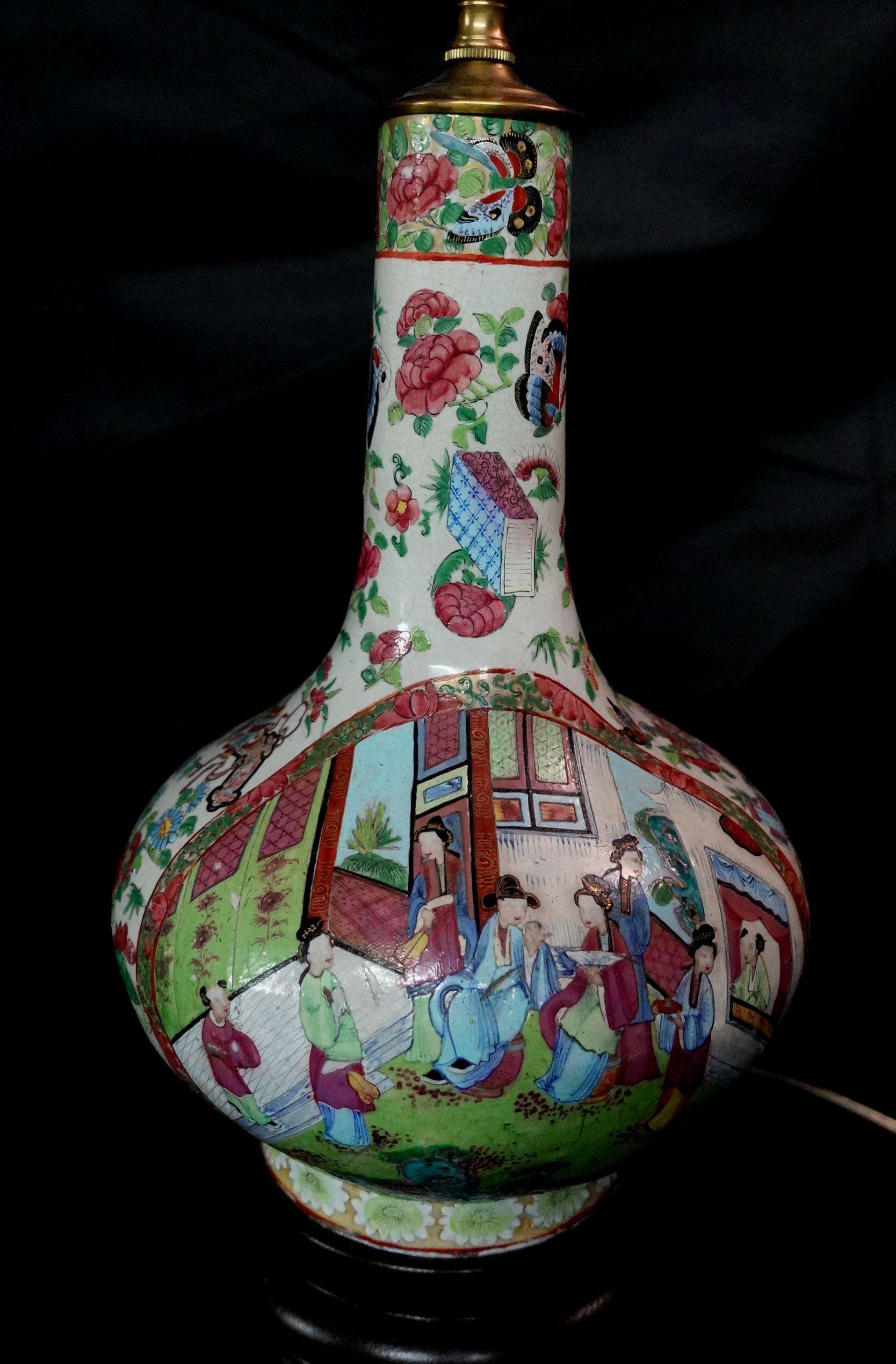 Hand-Crafted Famille Rose Export Porcelain Water Bottle Lamp Early 19th Century For Sale