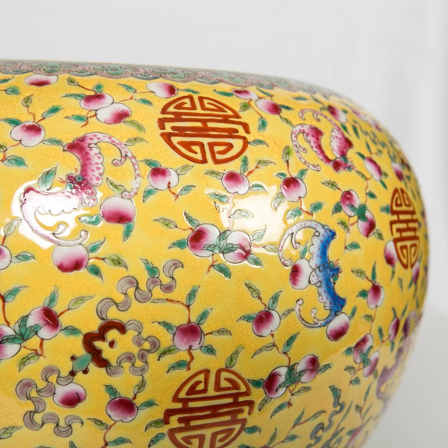 Hand-Painted Famille Rose Fish Bowl with Longevity Symbols