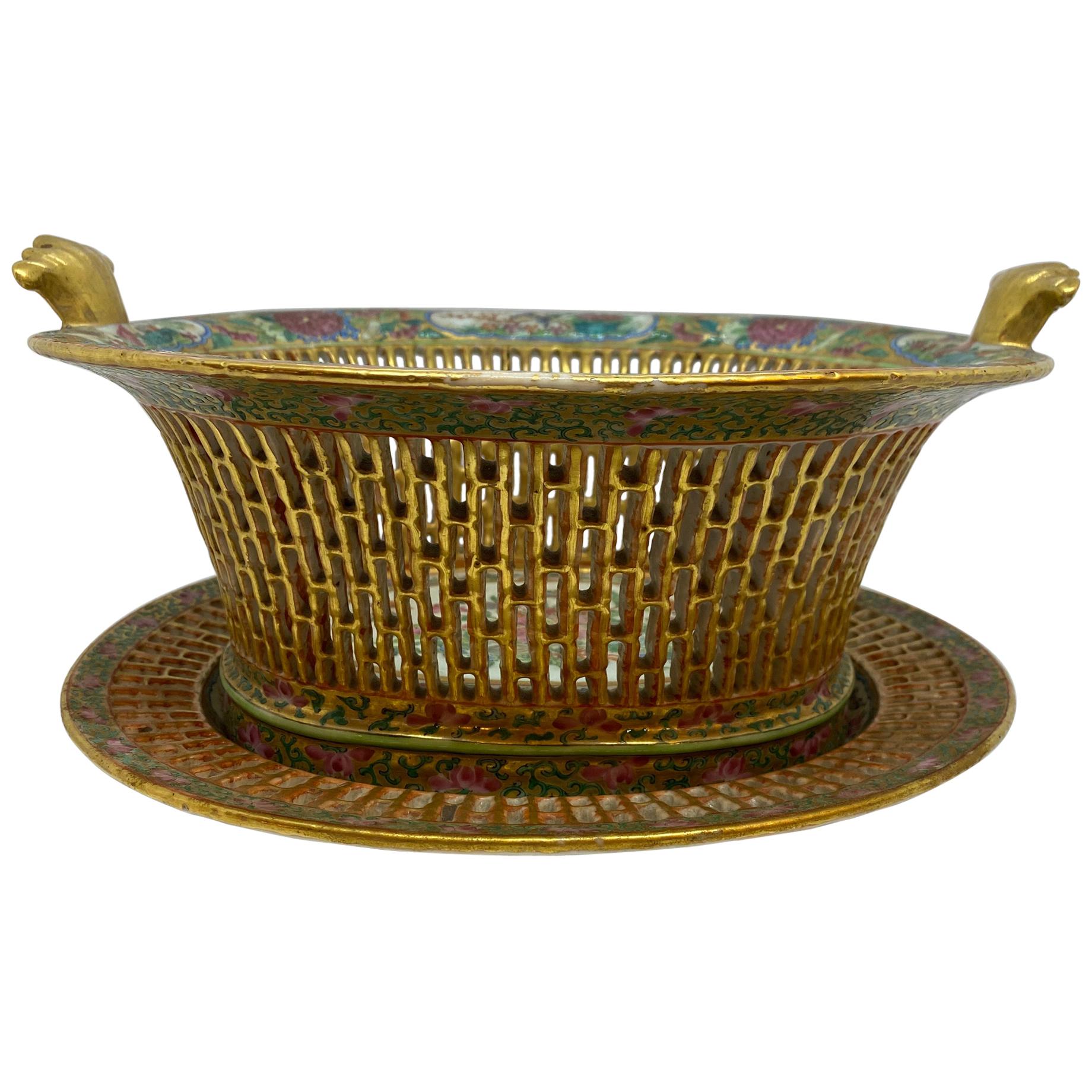 Famille Rose Gilt Chestnut Basket For Sale