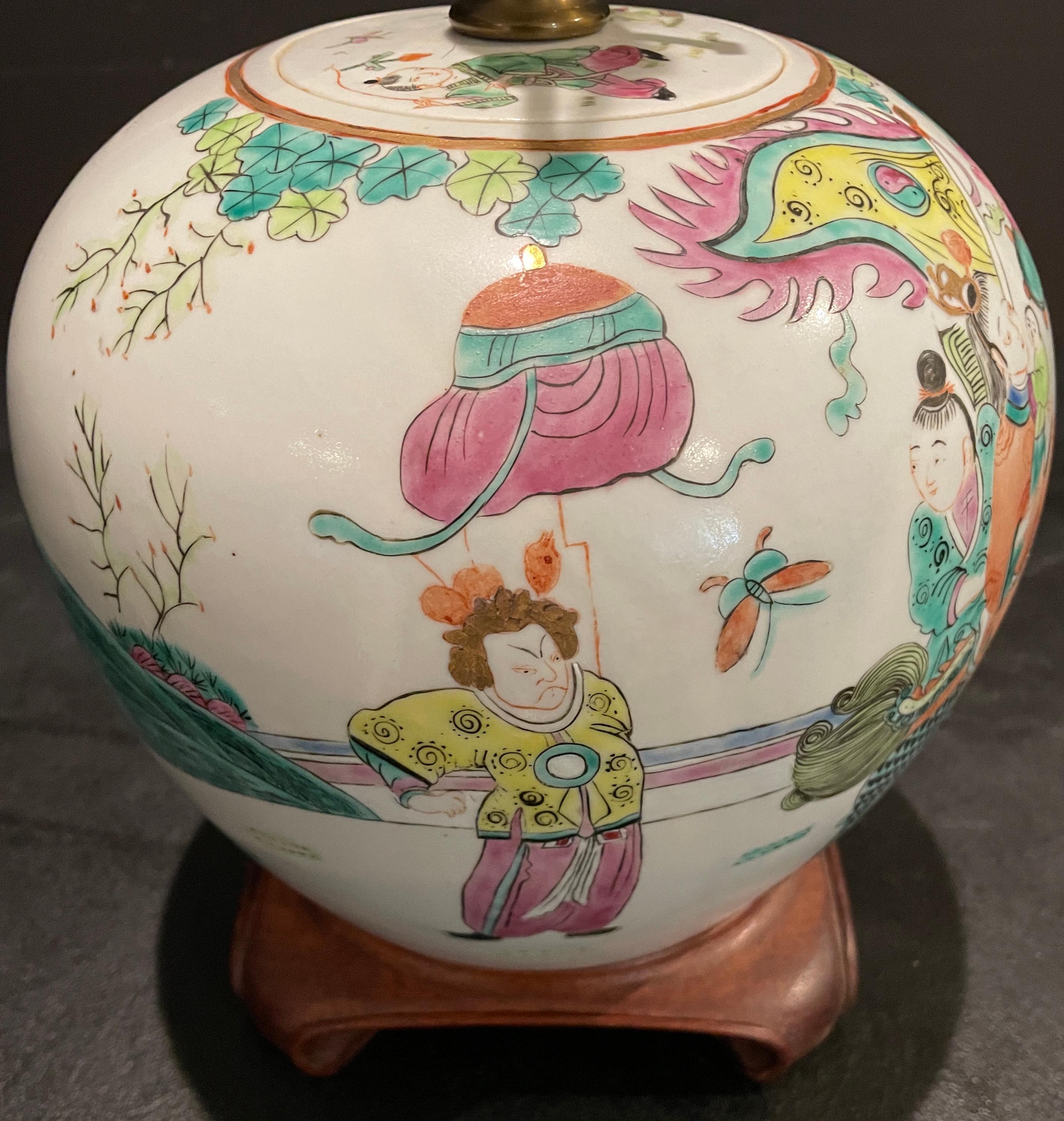 Famille Rose Ginger Jar Mounted as Lamp In Good Condition For Sale In Norwood, NJ