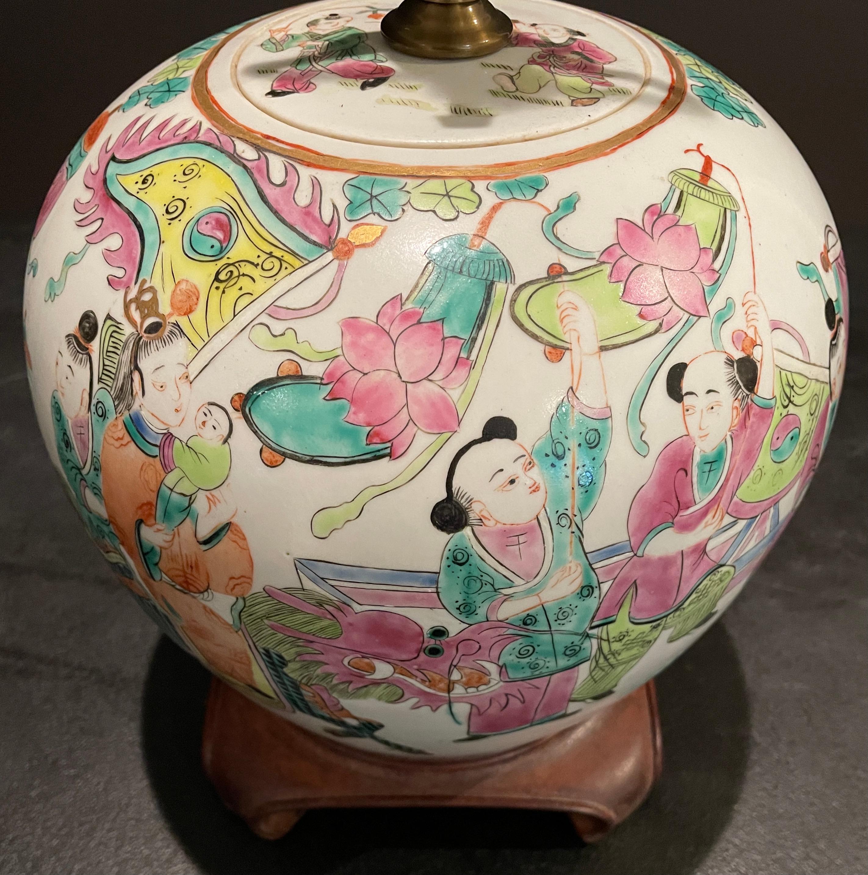 Wood Famille Rose Ginger Jar Mounted as Lamp For Sale