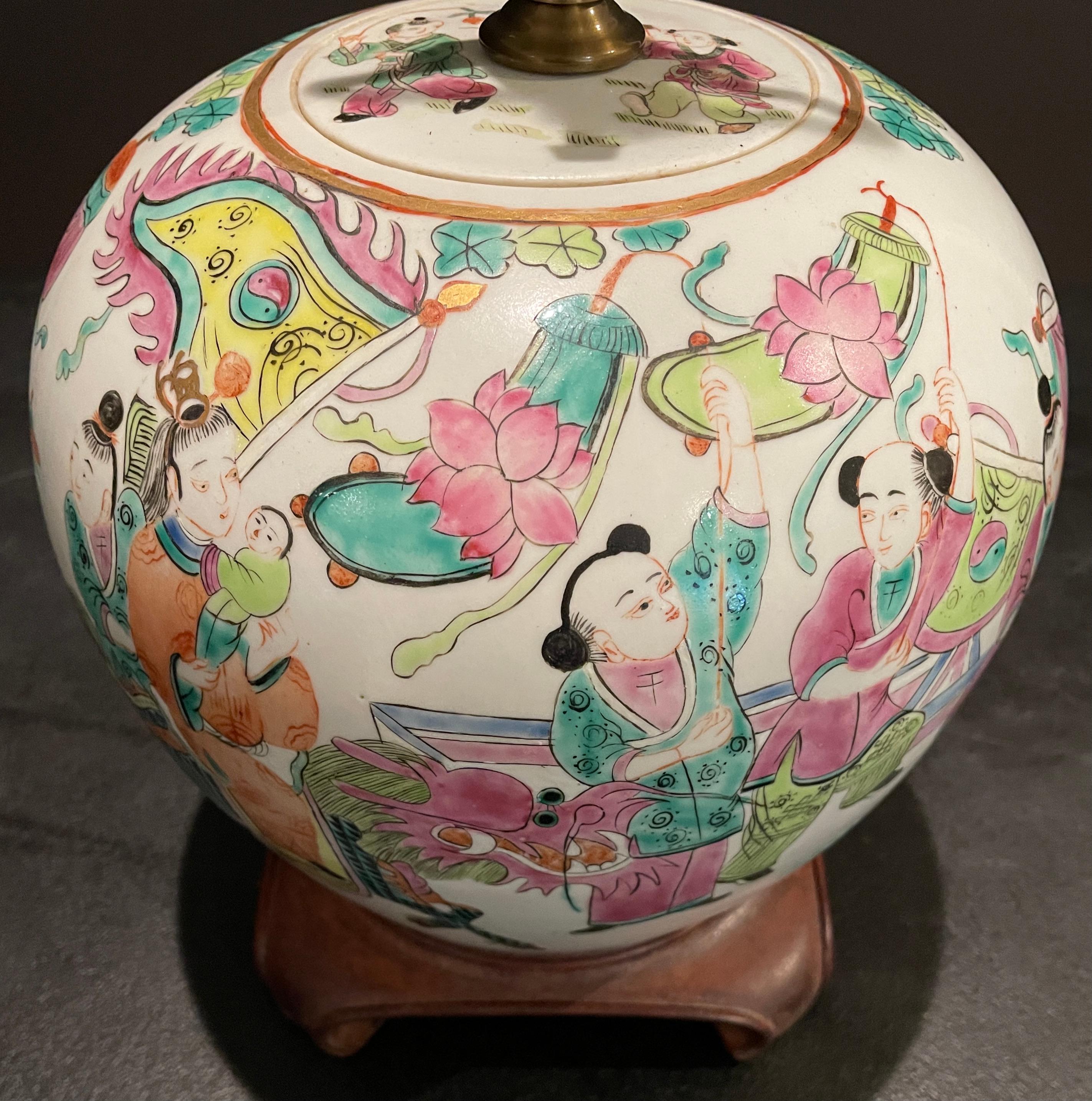 Porcelain Famille Rose Ginger Jar Mounted as Lamp